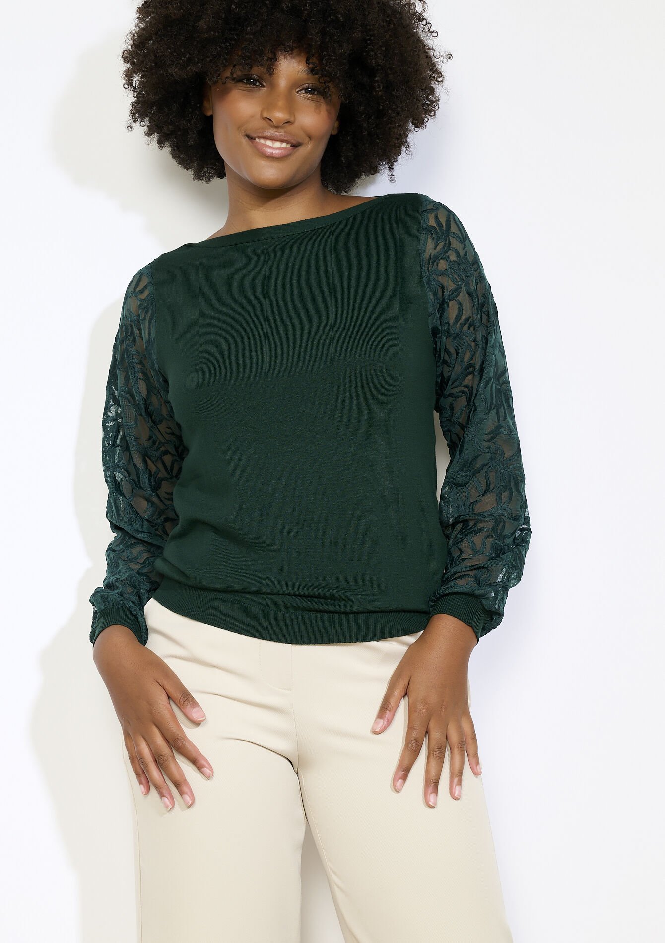 Trui met transparante mouwen, Trui met transparante mouwen - BOTTLE GREEN - 04006917_1778