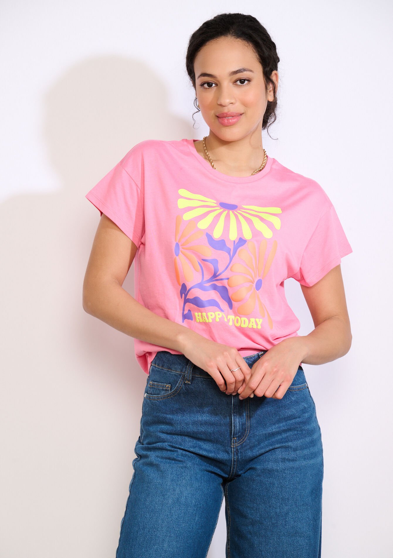 T-shirt message fleuri - PINK BUBBLEGUM - 02301961_1477