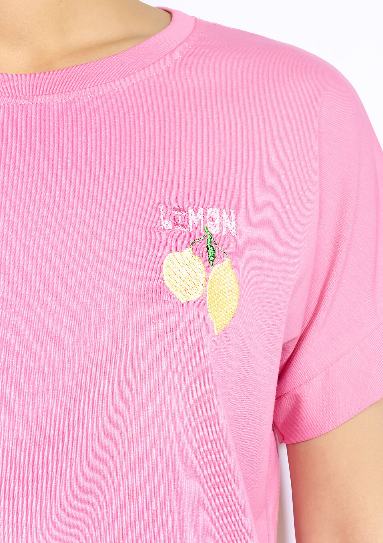 T-shirt met citroenborduursel, T-shirt met citroenborduursel - PINK BUBBLEGUM - 02301872_1477