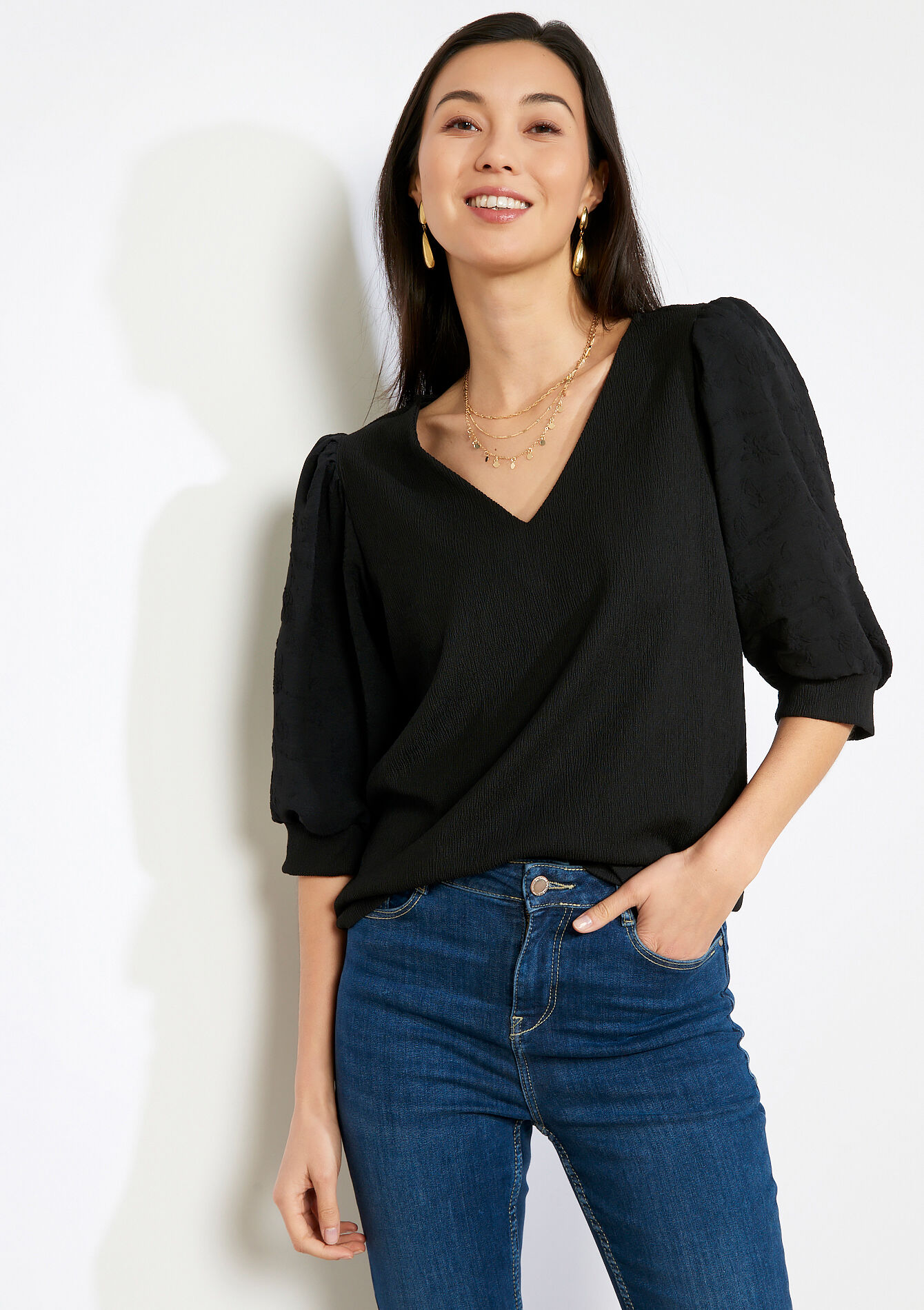 Puff sleeve wrap top - BLACK - 02301994_1119