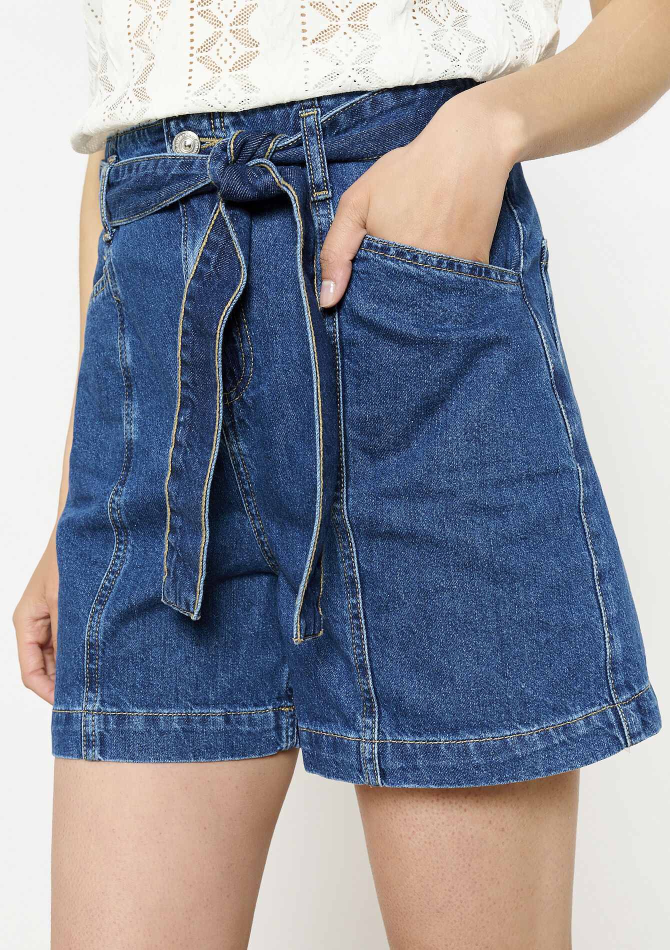 Paperbag denim short, Paperbag denim short - MEDIUM BLUE - 22000609_0500