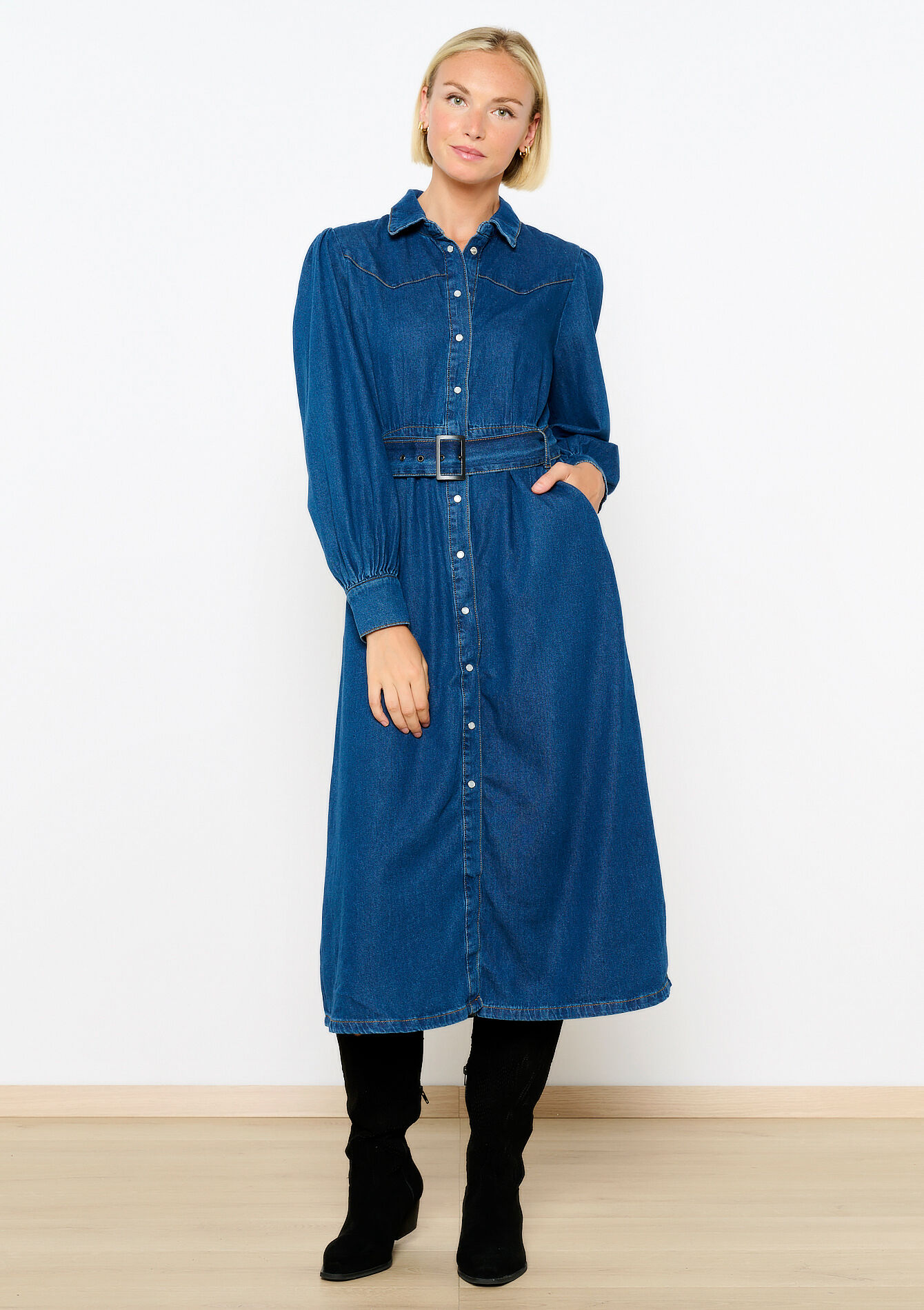 Robe mi-longue en denim avec ceinture - DARK BLUE - 08103716_0501