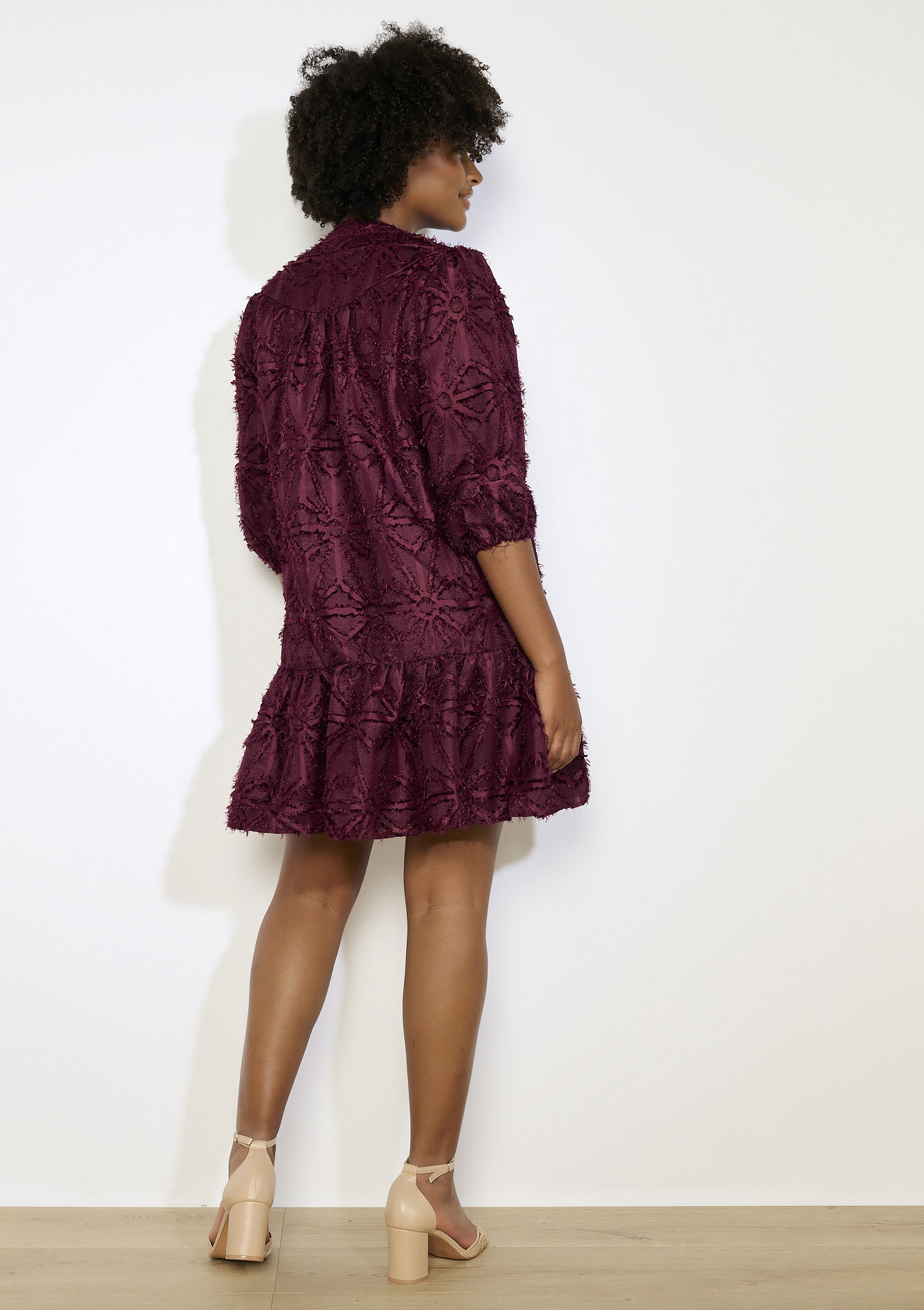 Robe en jacquard à manches bouffantes - BORDEAUX WINE - 08104160_5514