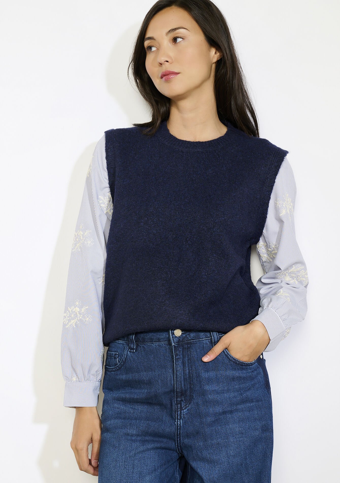 Poplin sleeve sweater - NAVY BASIC - 04006983_2723