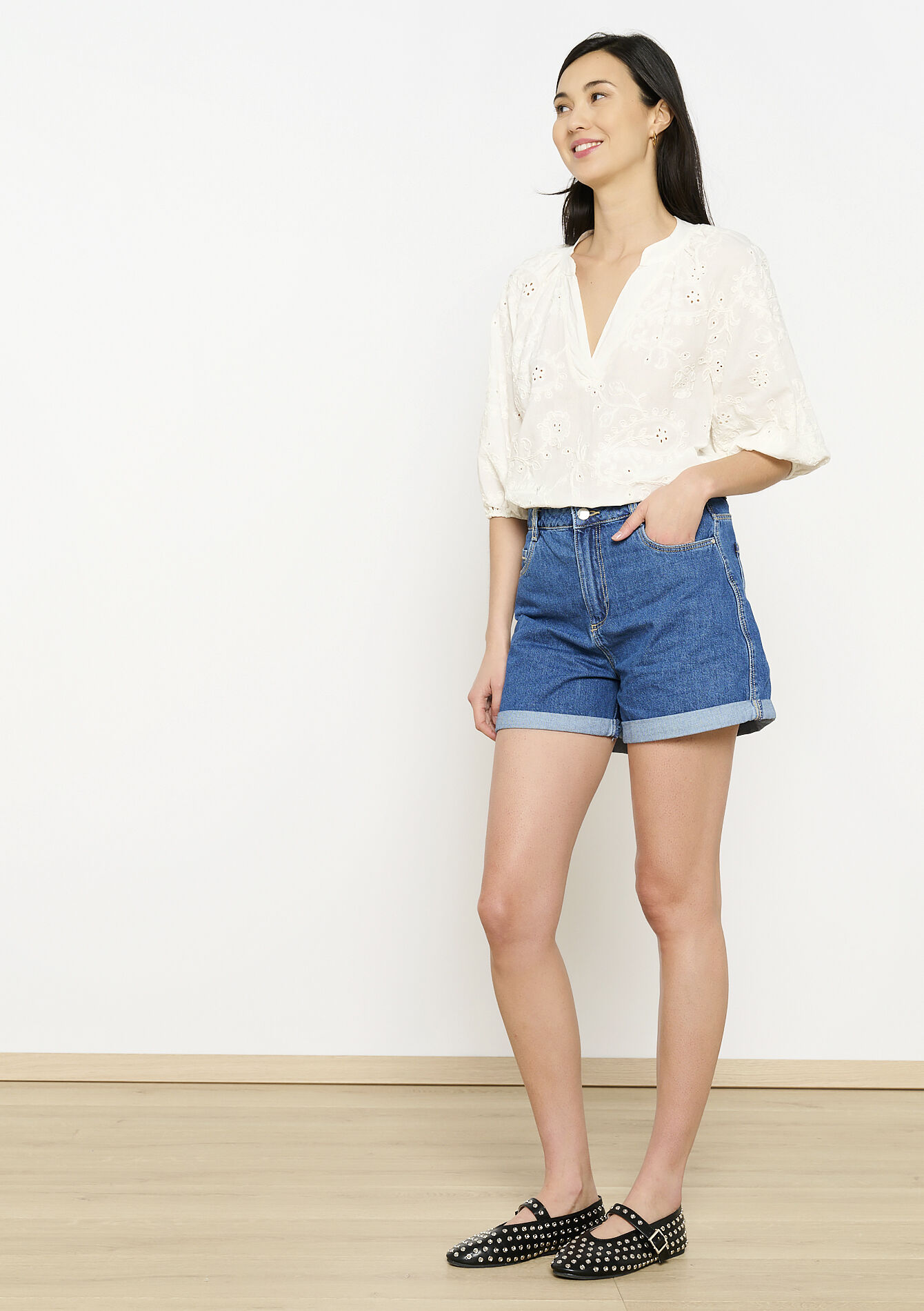 Denim short met hoge taille, Denim short met hoge taille - MEDIUM BLUE - 22000570_0500