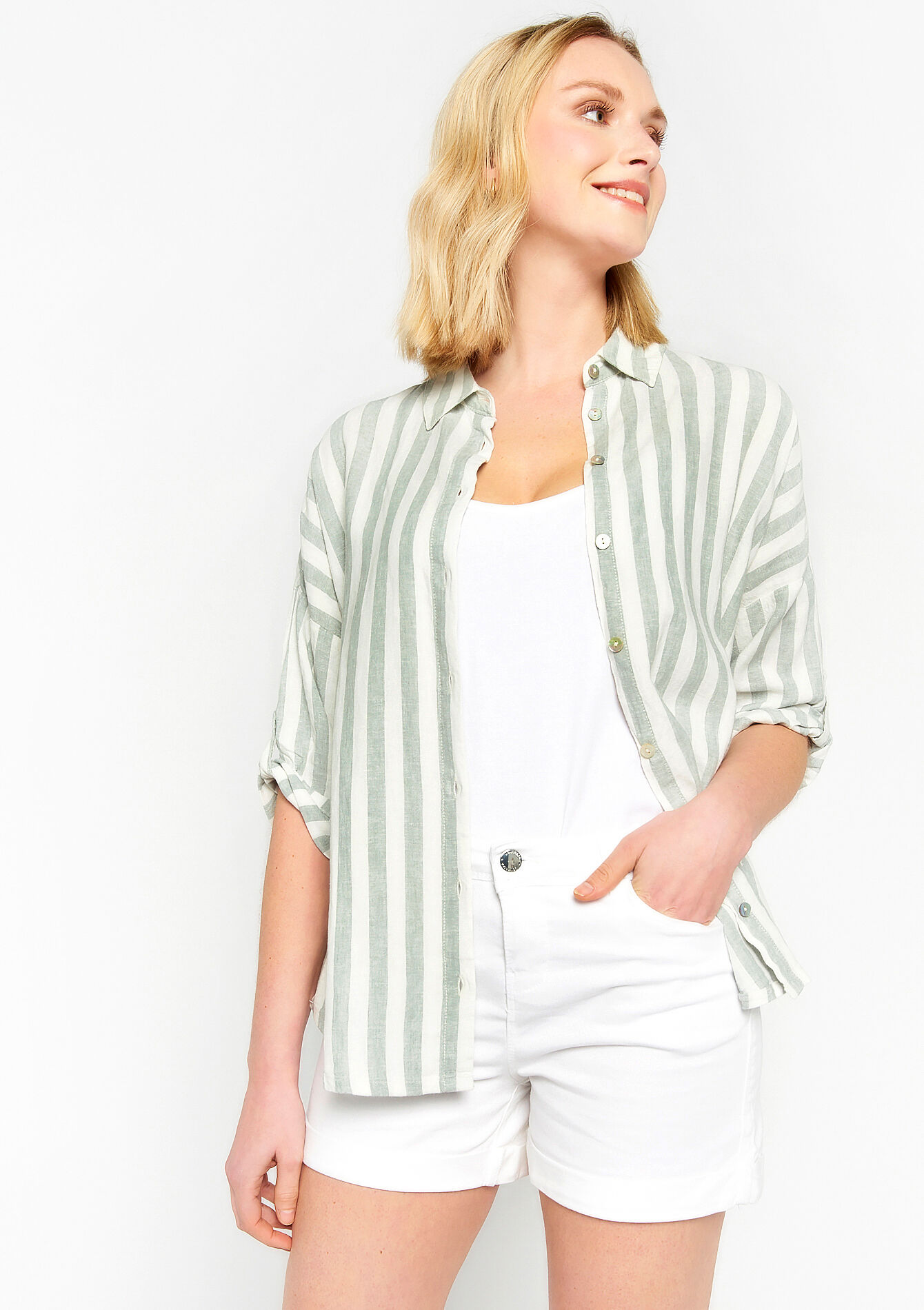 Chemise en lin à rayures, Chemise en lin à rayures - KHAKI MINT - 05702074_2542