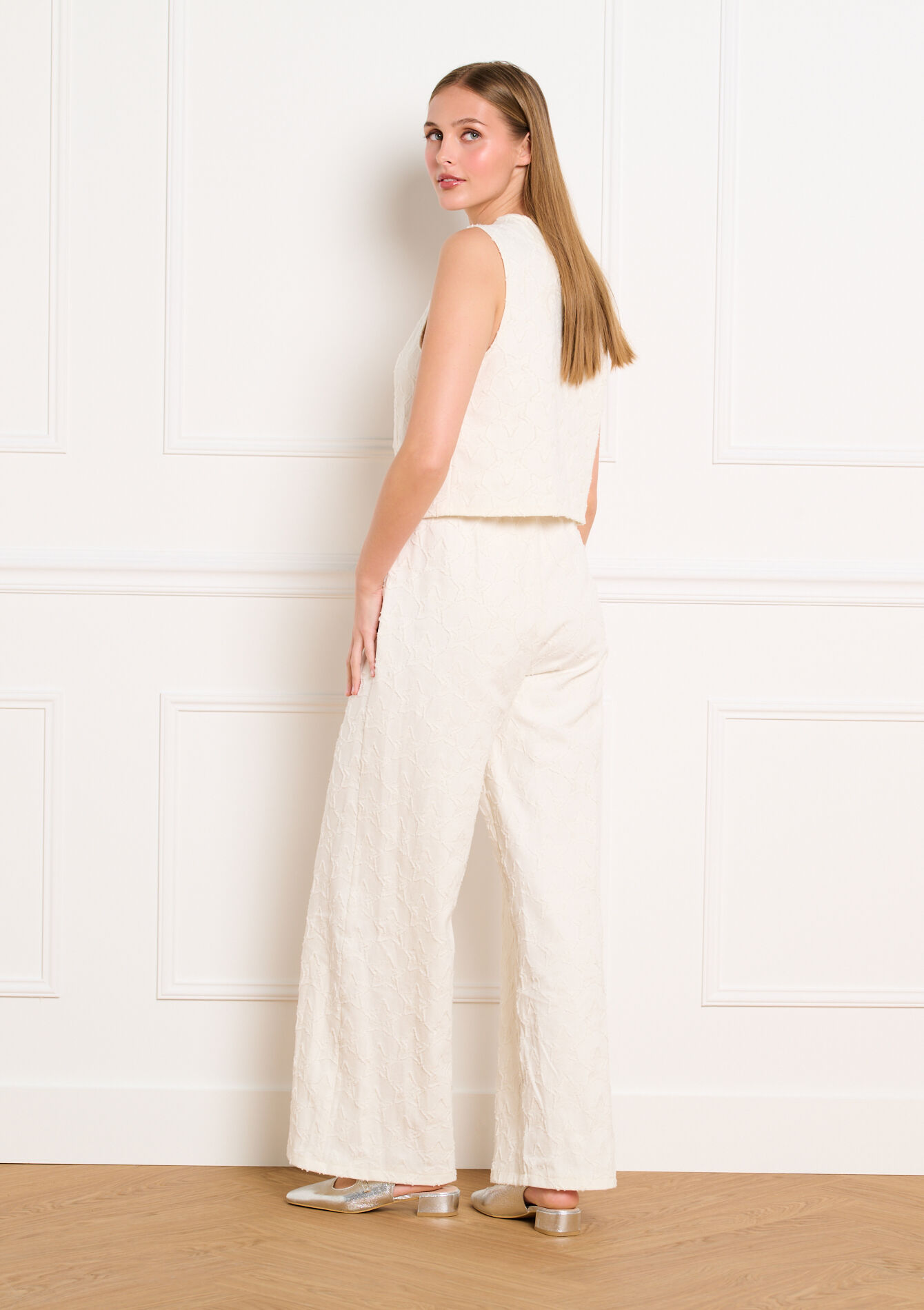 Wijde broek met sterborduursel - VANILLA WHITE - 06004738_1013