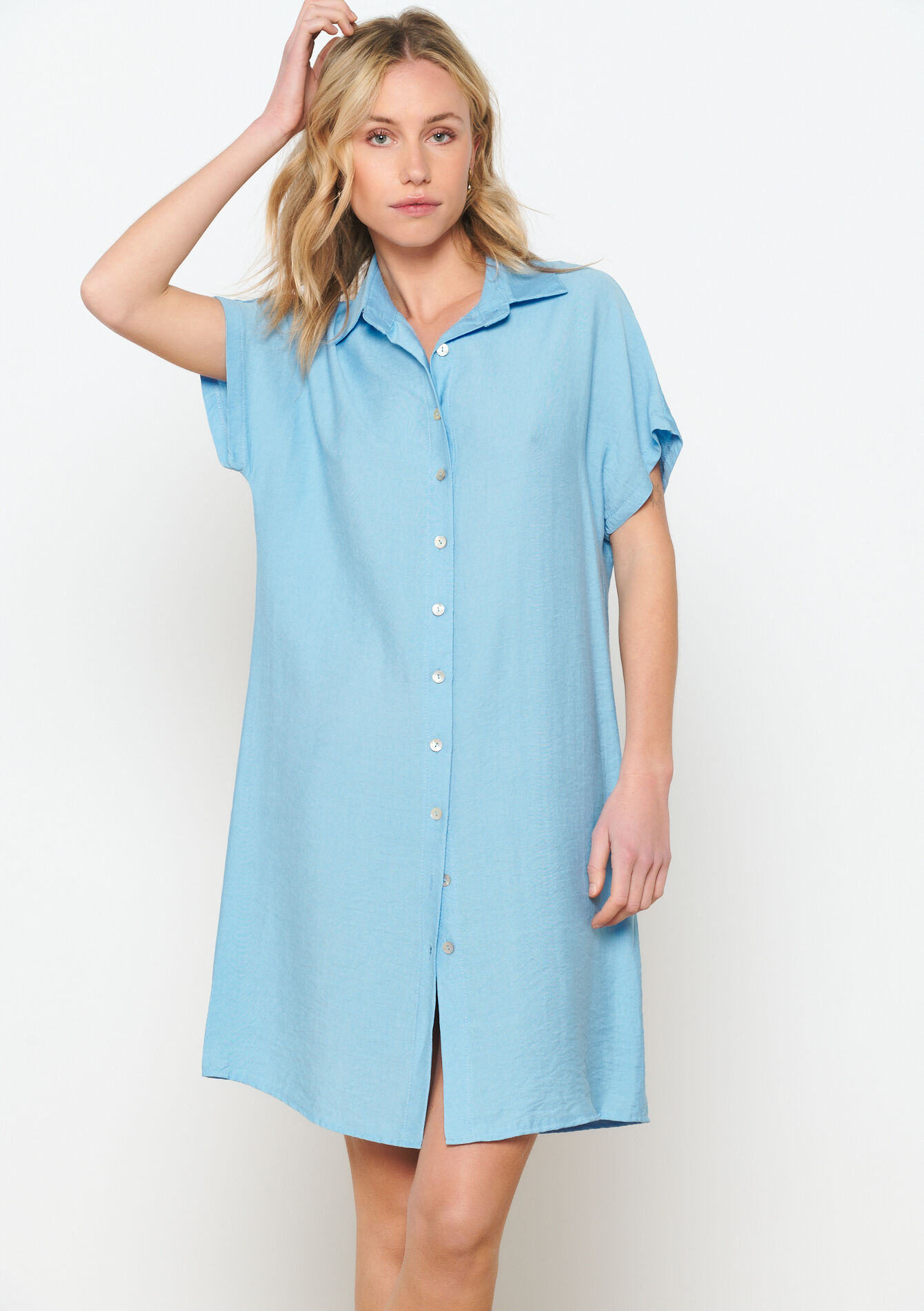 Robe-chemise en tissu crêpé, Robe-chemise en tissu crêpé - PASTEL BLUE - 08103568_751