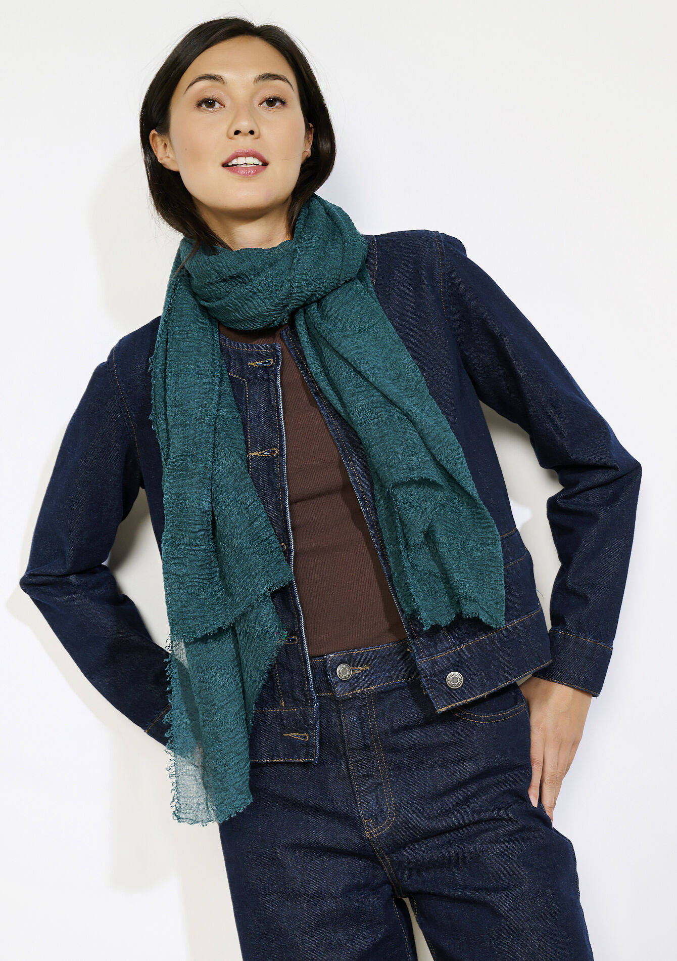 Lange sjaal met textuur, Lange sjaal met textuur - GREEN TEAL - 17101362_4503