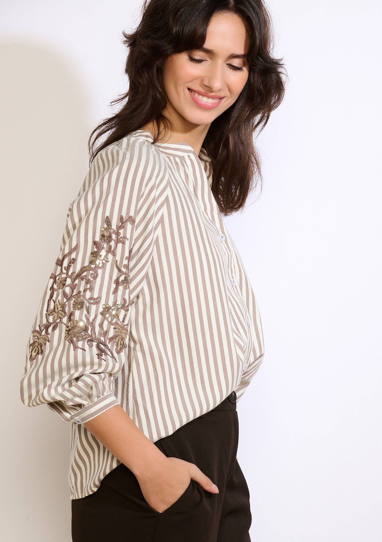 Gestreepte blouse met borduurwerk, Gestreepte blouse met borduurwerk - OFFWHITE - 05702996_1001