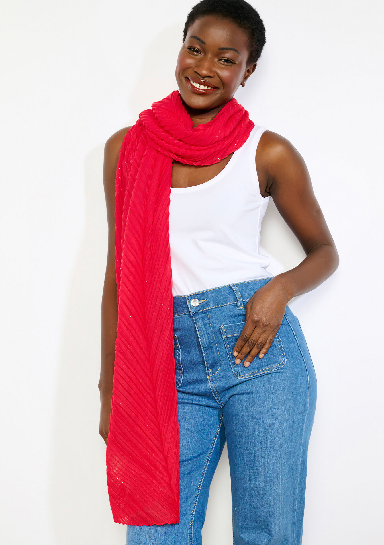 Plissé sjaal met glansdraad - RED FRAMBOISE - 17101541_1496