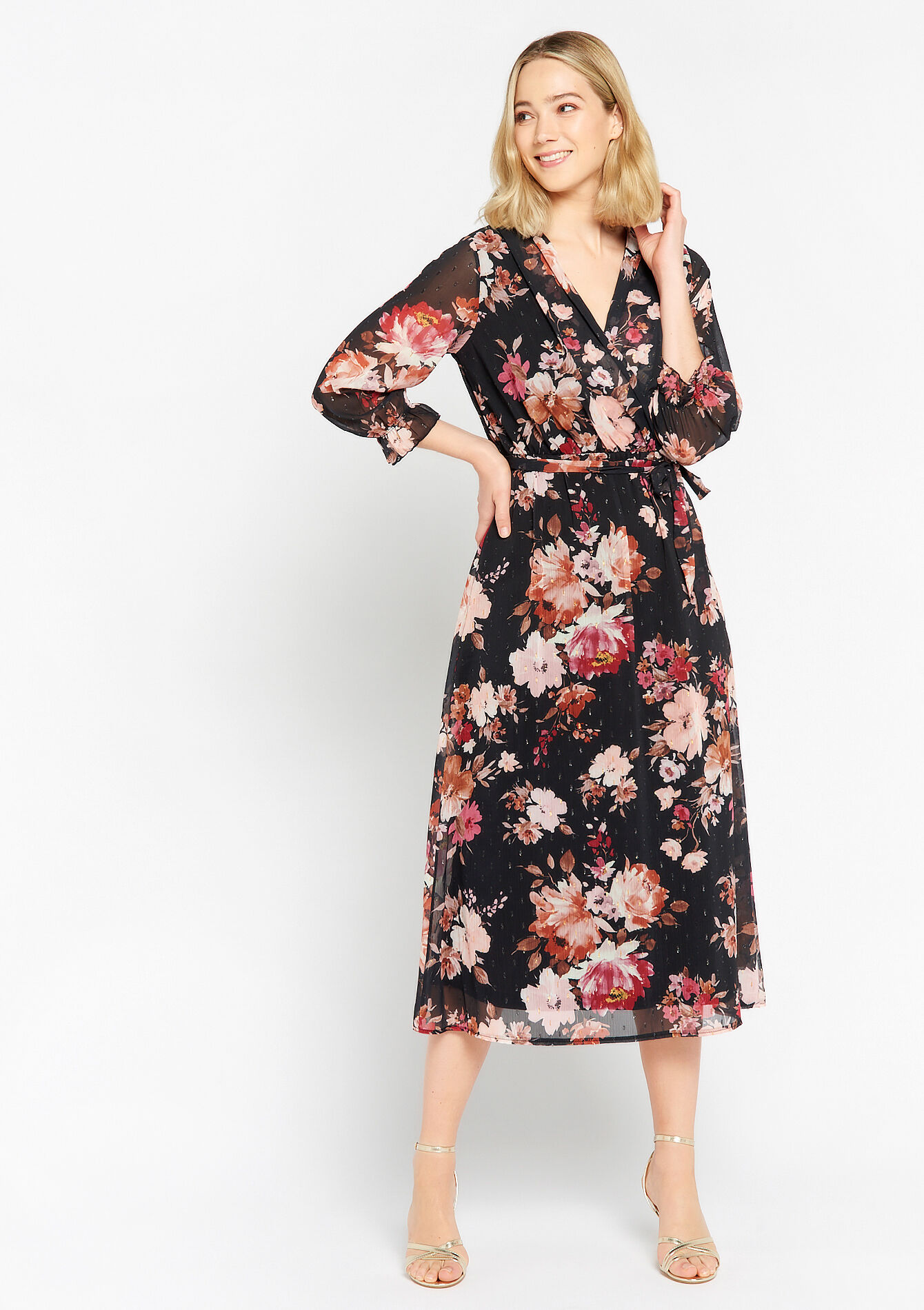 Wrap dress with floral print, Wrap dress with floral print - BLACK - 08601844_1119