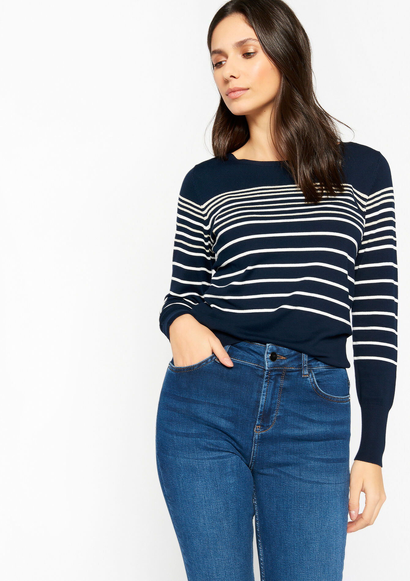 Pullover à rayures avec lurex, Pullover à rayures avec lurex - NAVY BASIC - 04005927_2723