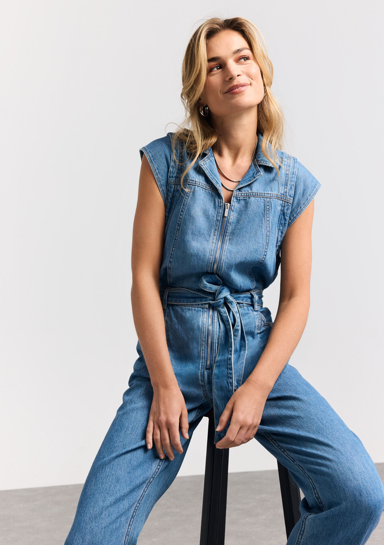 Sleeveless denim jumpsuit, Sleeveless denim jumpsuit - MEDIUM BLUE - 1114726