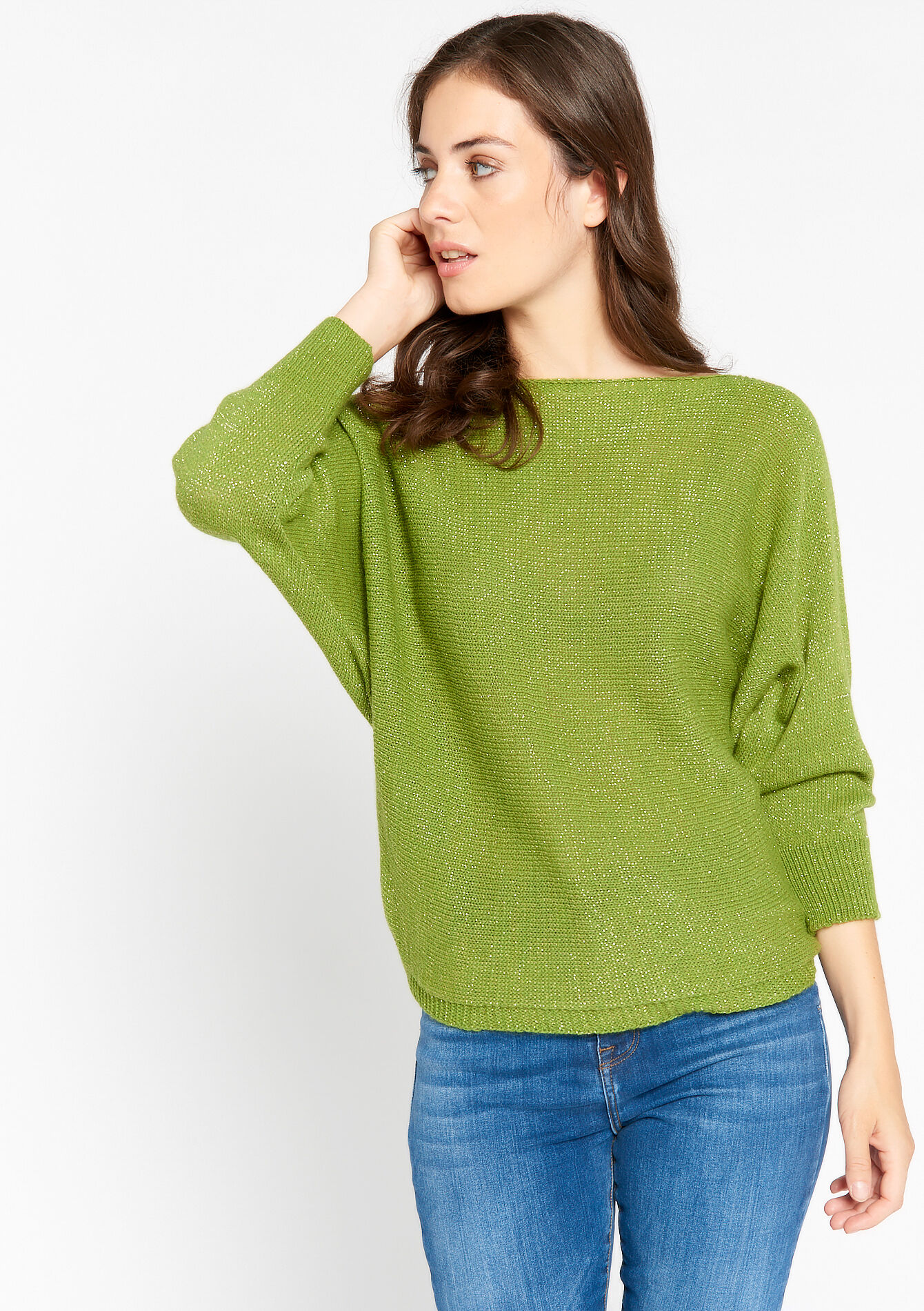 Lurex pullover with batwing sleeves, Lurex pullover with batwing sleeves - GREEN MOSS - 04005984_4504