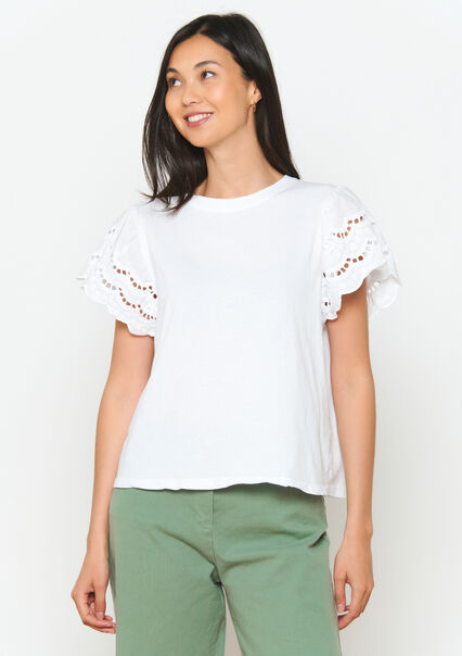 T-shirt with embroidered sleeves - OPTICAL WHITE - 02301598_1019
