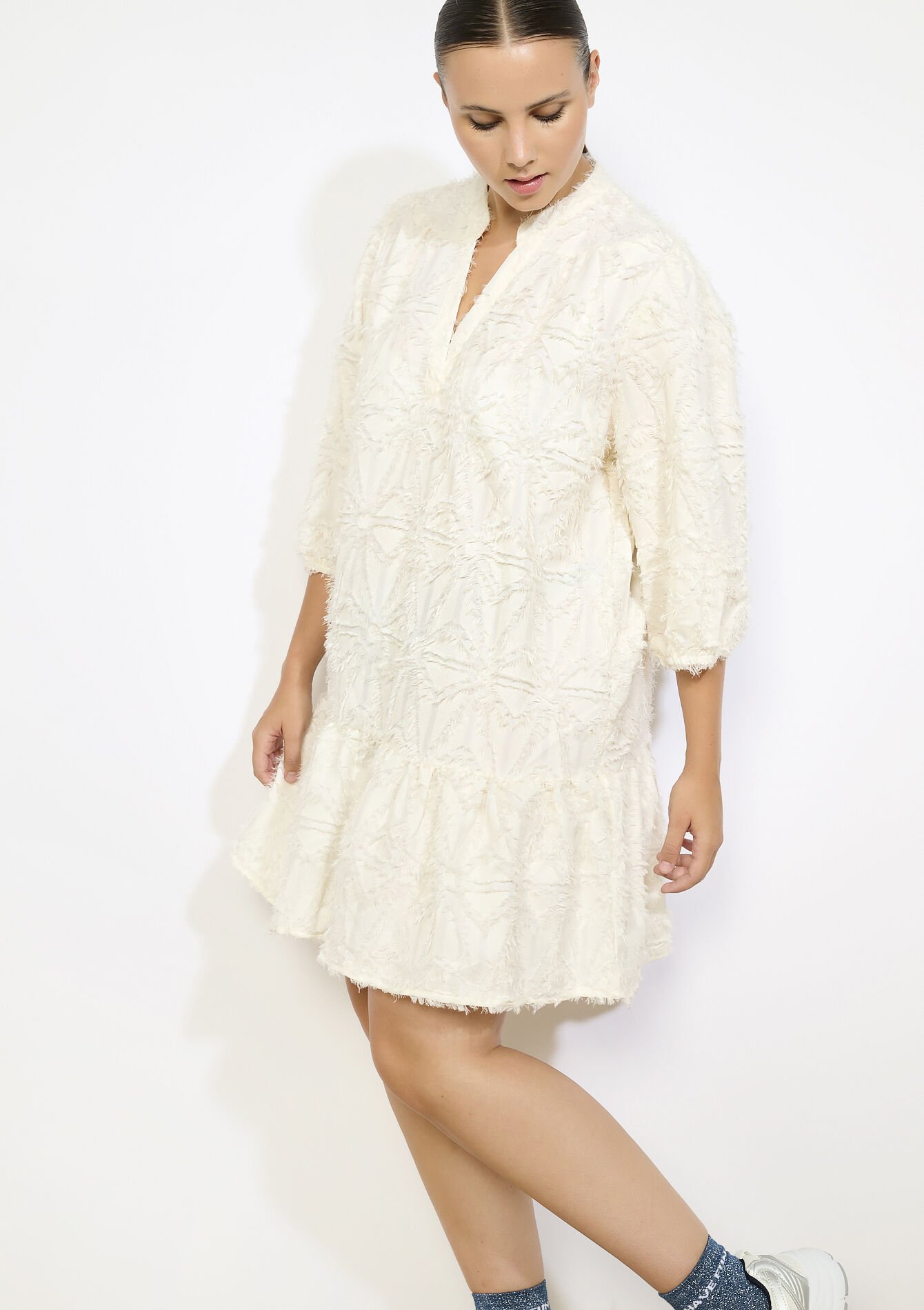 Robe en jacquard à manches bouffantes - VANILLA WHITE - 08104160_1013