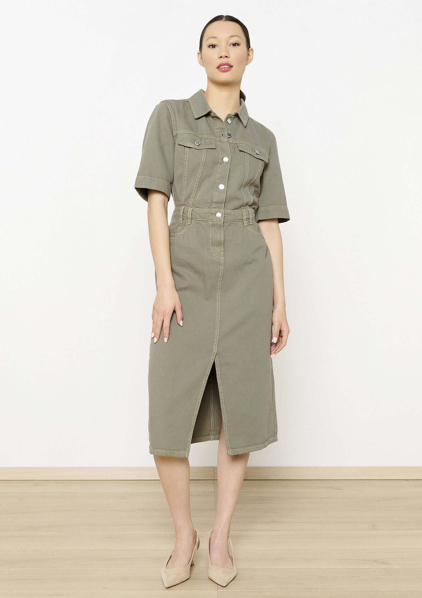 Robe mi-longue en coton, Robe mi-longue en coton - KHAKI DARKY - 08103864_4208
