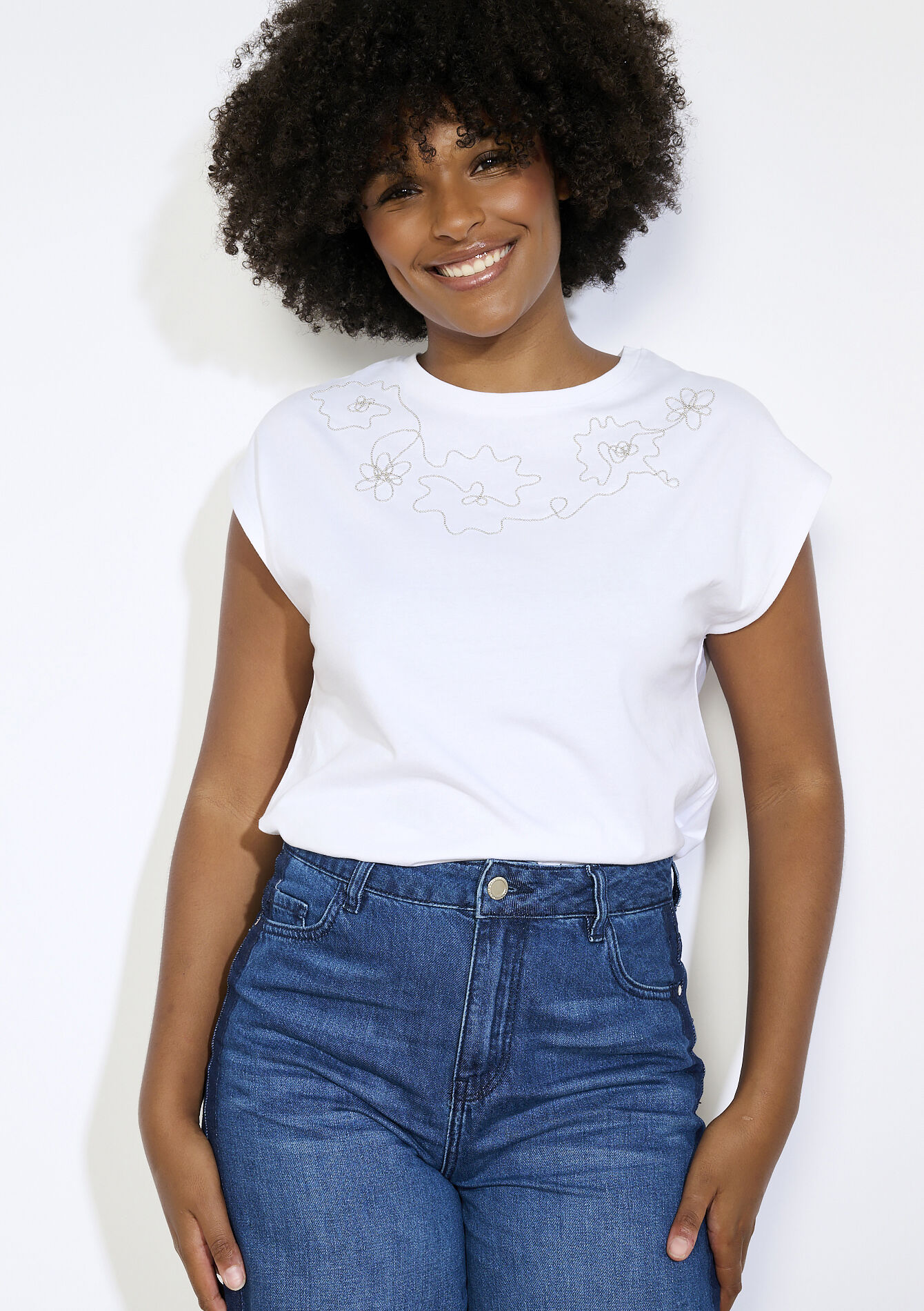 T-shirt brodé délicat, T-shirt brodé délicat - OPTICAL WHITE - 02301745_1019