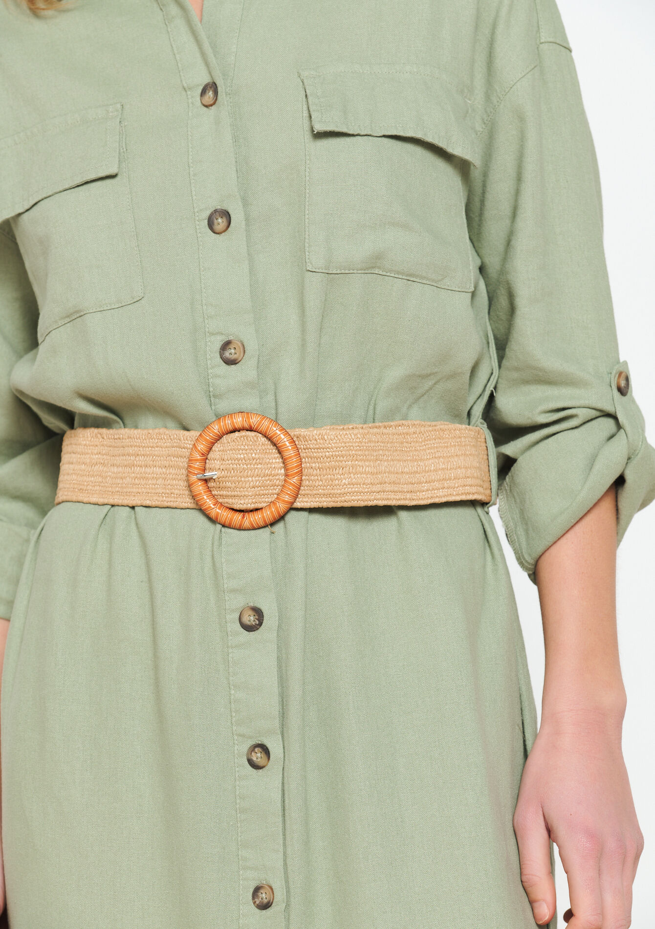 Linen shirt dress with belt - KHAKI FADED - 08602218_4326