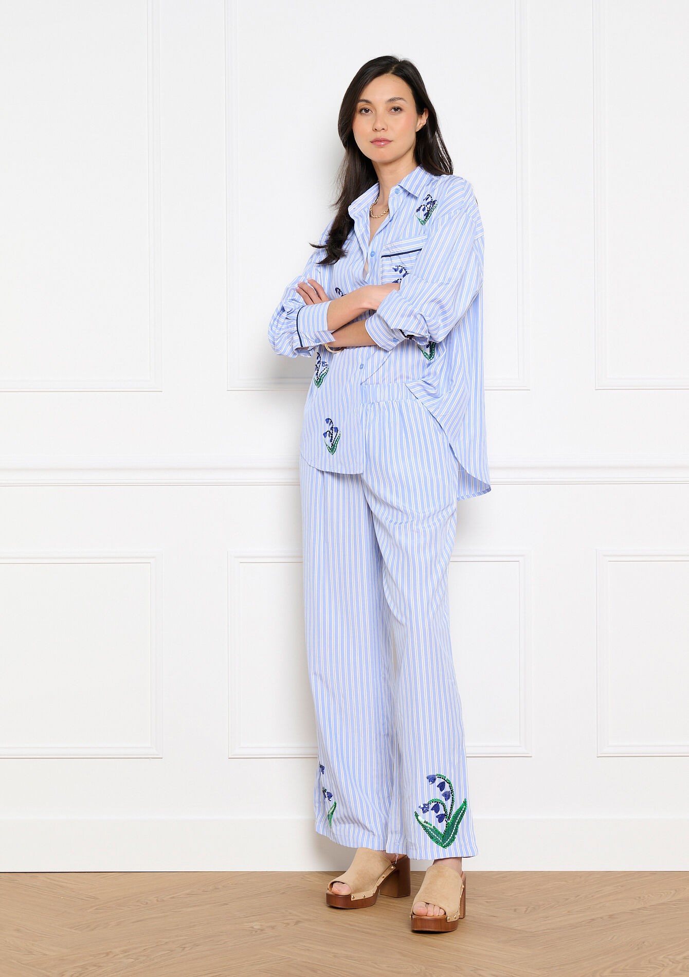 Embroidered striped shirt - BLUE PASTEL - 05703050_3003