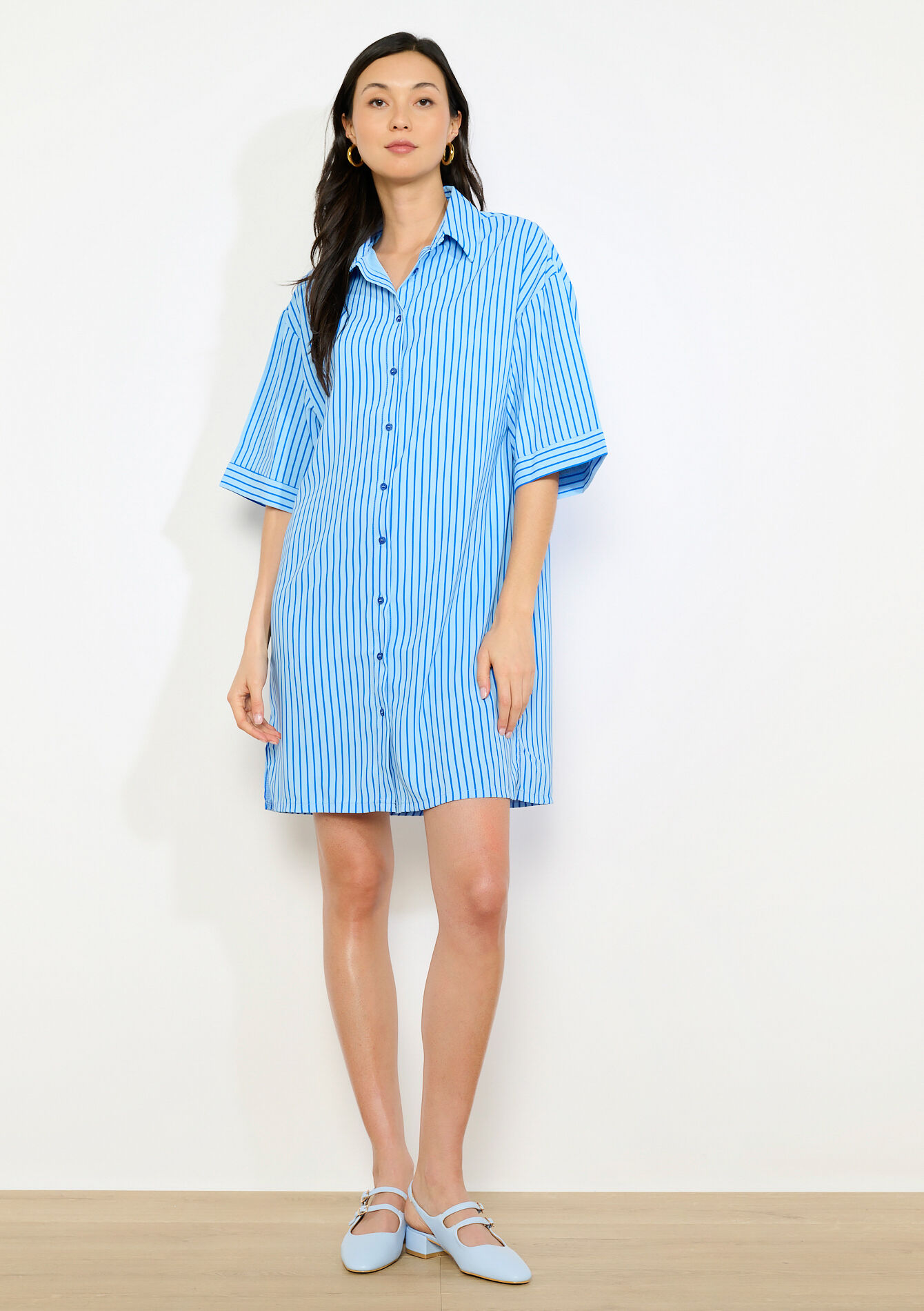 Robe-chemise rayée oversize - BLUE PASTEL - 08104455_3003