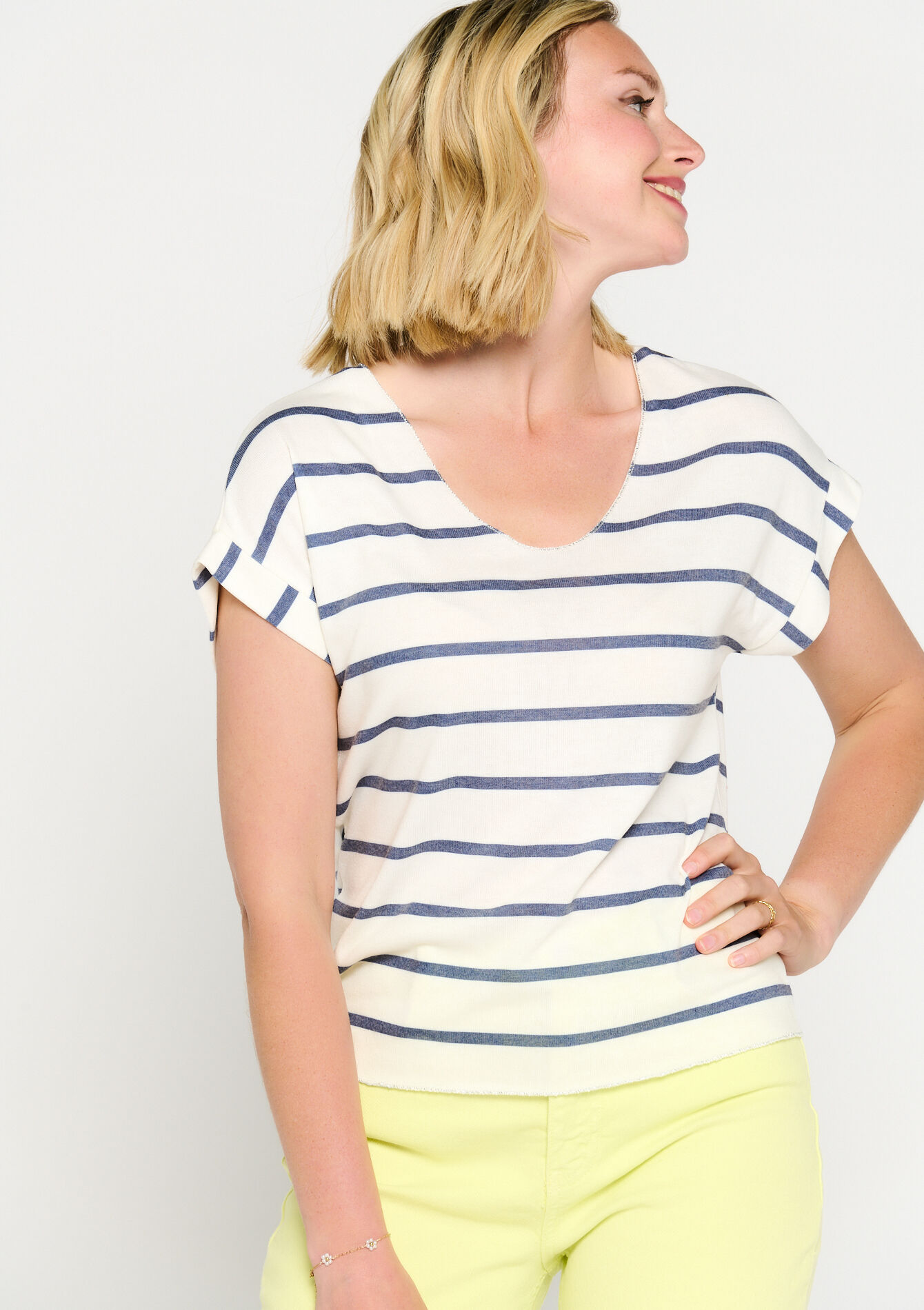 Gestreept T-shirt met opschrift - BLUE DENIM - 02301427_1638