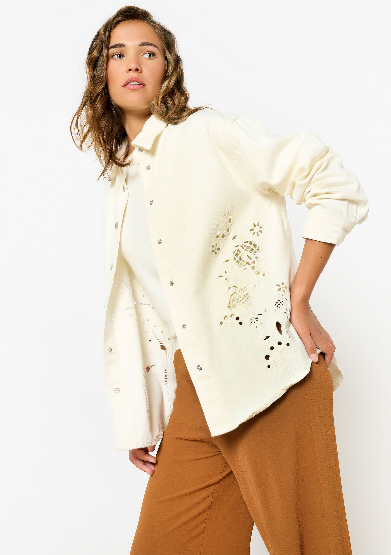 Denim shirt with cut-outs - OPTICAL WHITE - 09100940_1019