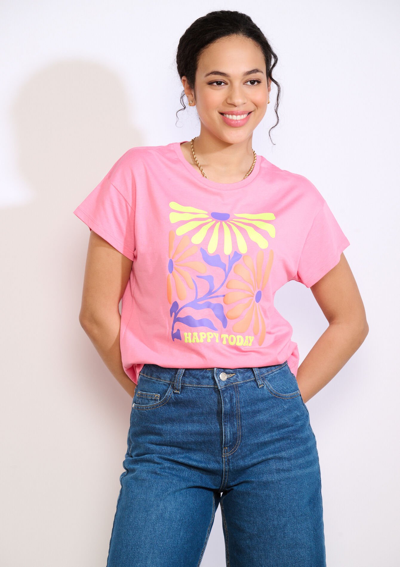 T-shirt met bloemen en tekst, , back