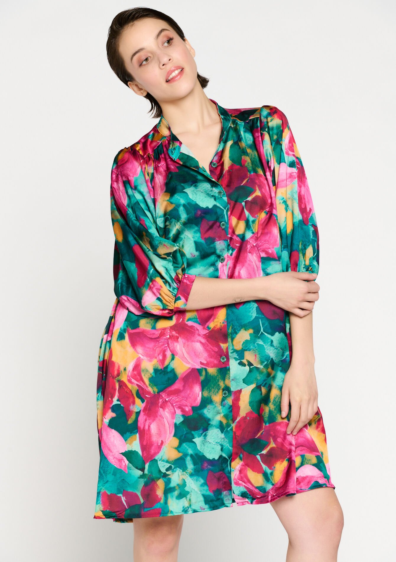 Satijnen hemdjurk met bloemenprint - FUCHSIA - 08103371_5626