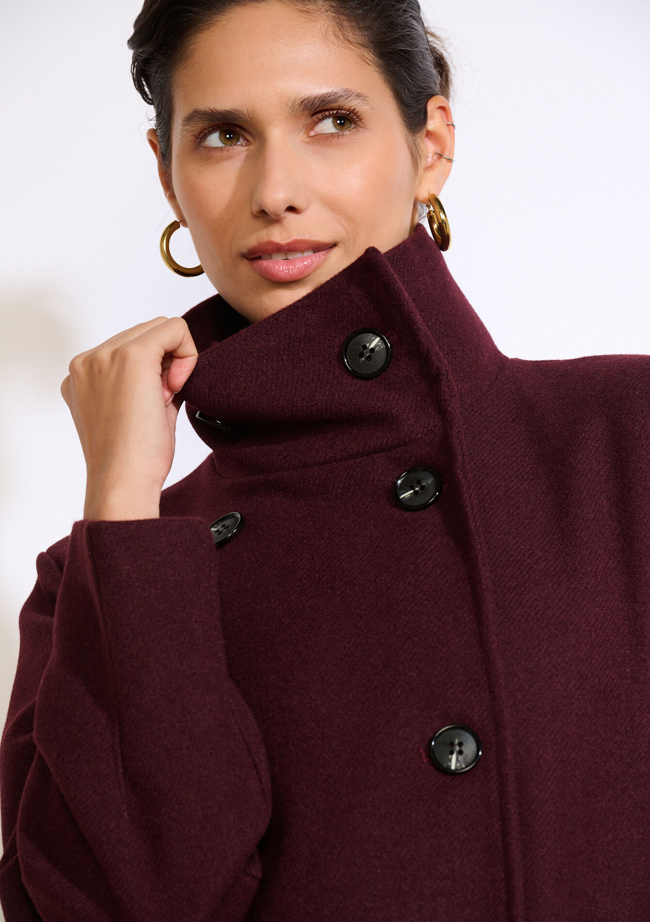 Lange mantel met hoge kraag, Lange mantel met hoge kraag - AUBERGINE - 23000802_1537