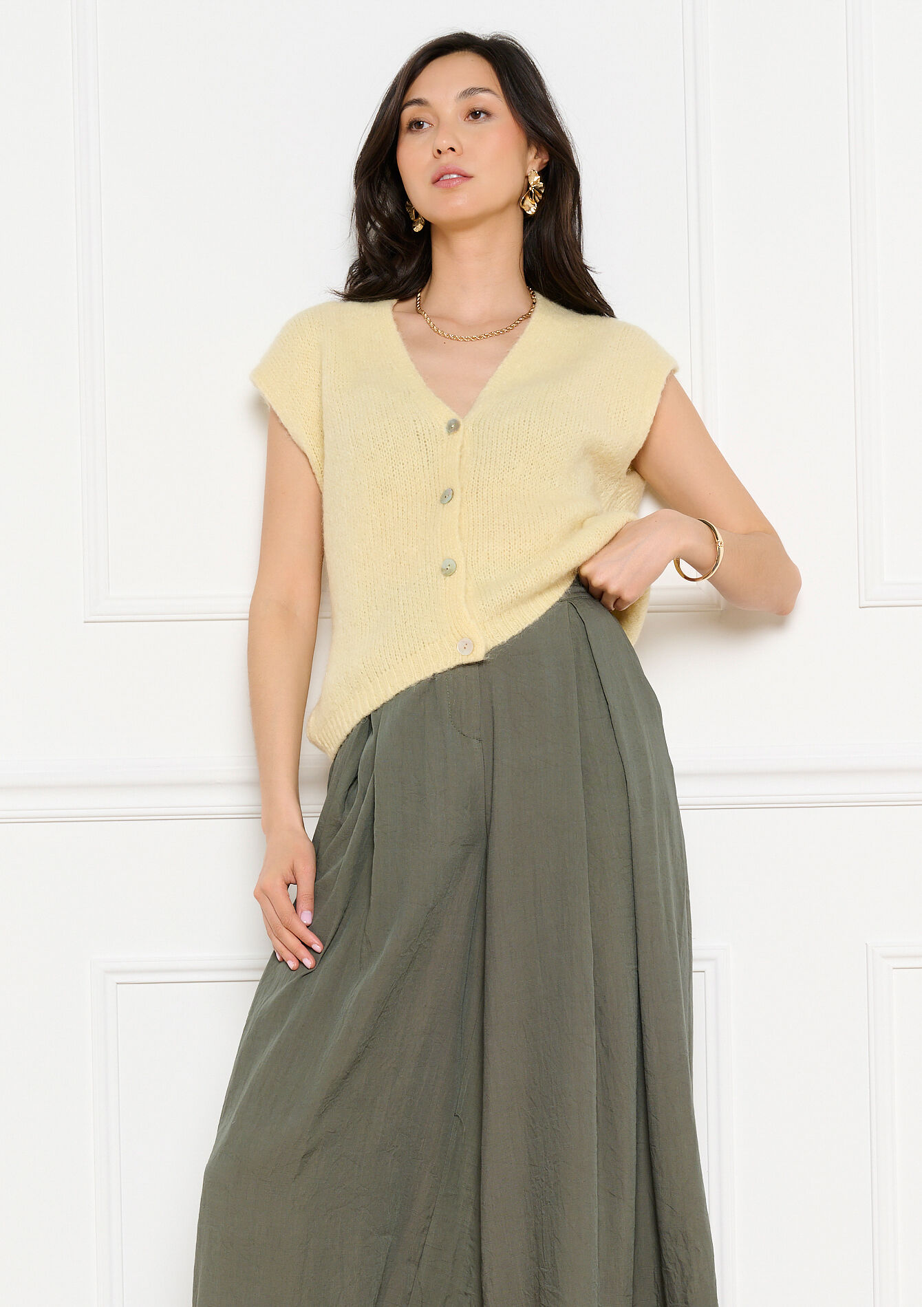 Gilet maille sans manches - YELLOW PASTEL - 04101456_5004