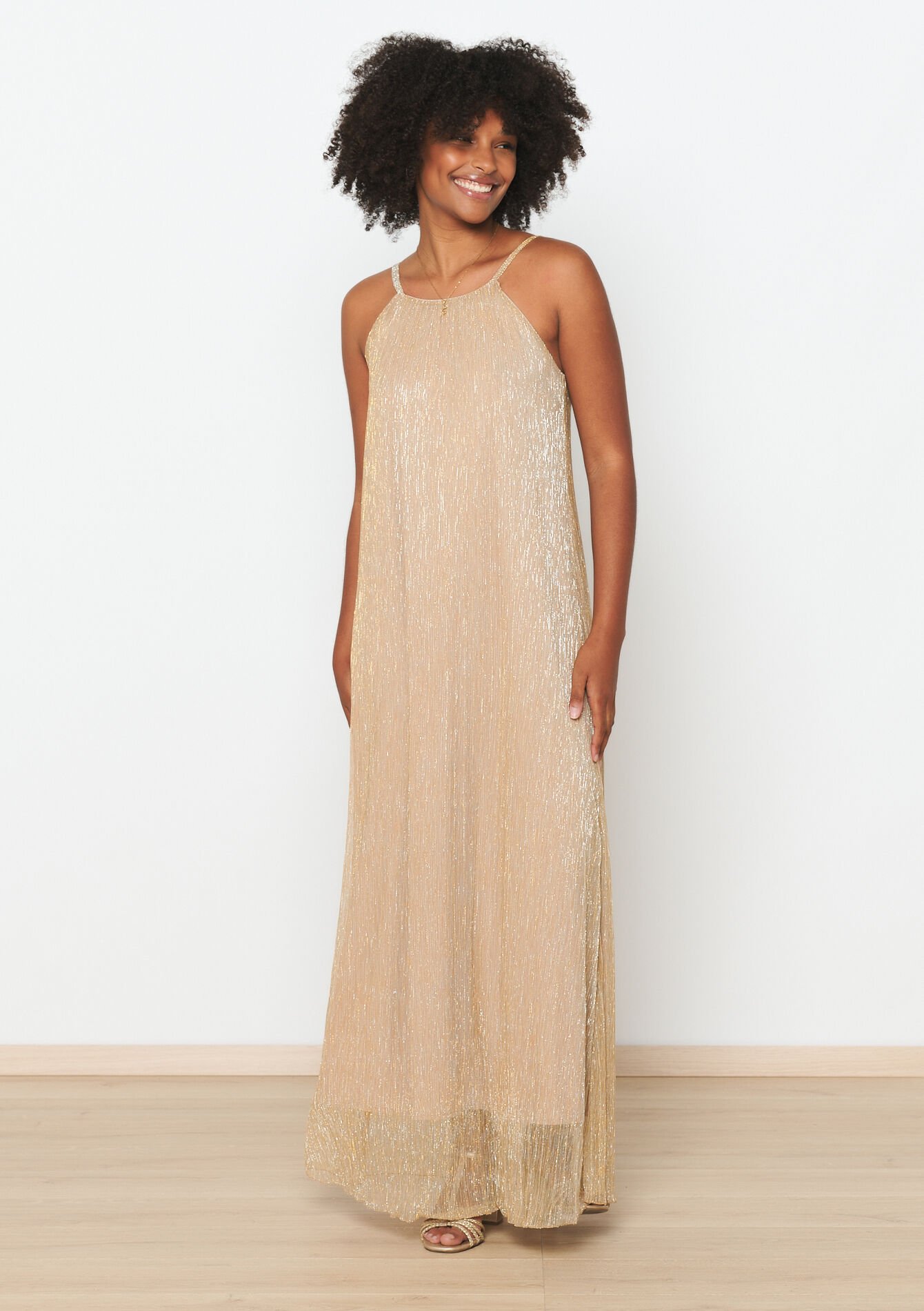 Lurex maxi dress with spaghetti straps, Lurex maxi dress with spaghetti straps - GOLD - 08103674_1058