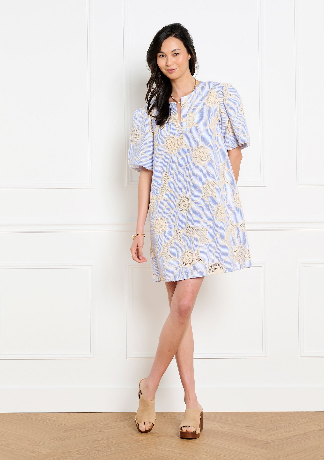 Robe courte brodée volume, Robe courte brodée volume - BLUE PASTEL - 08104513_3003