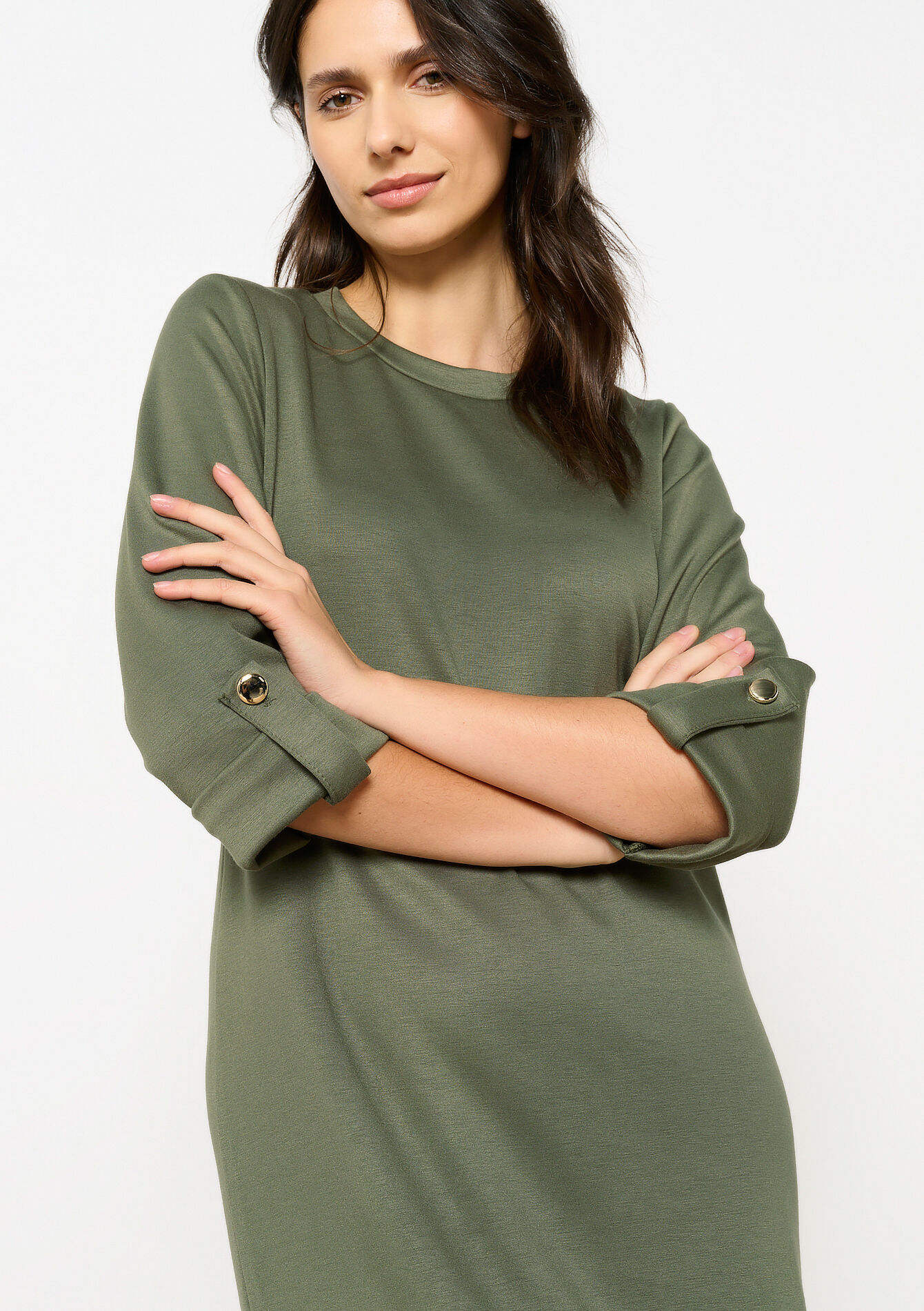 Rechte sweaterjurk met driekwartsmouwen, Rechte sweaterjurk met driekwartsmouwen - KHAKI MED - 08104018_4327