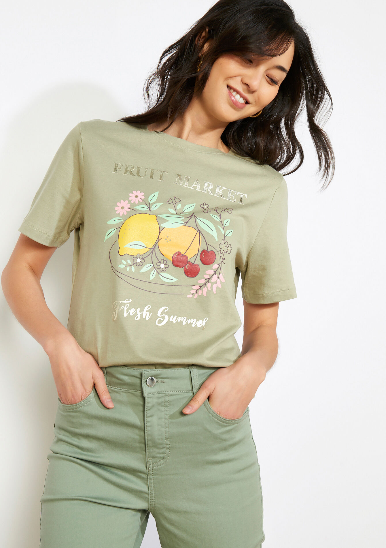 Irriserend tekstshirt - KHAKI FADED - 02301941_4326