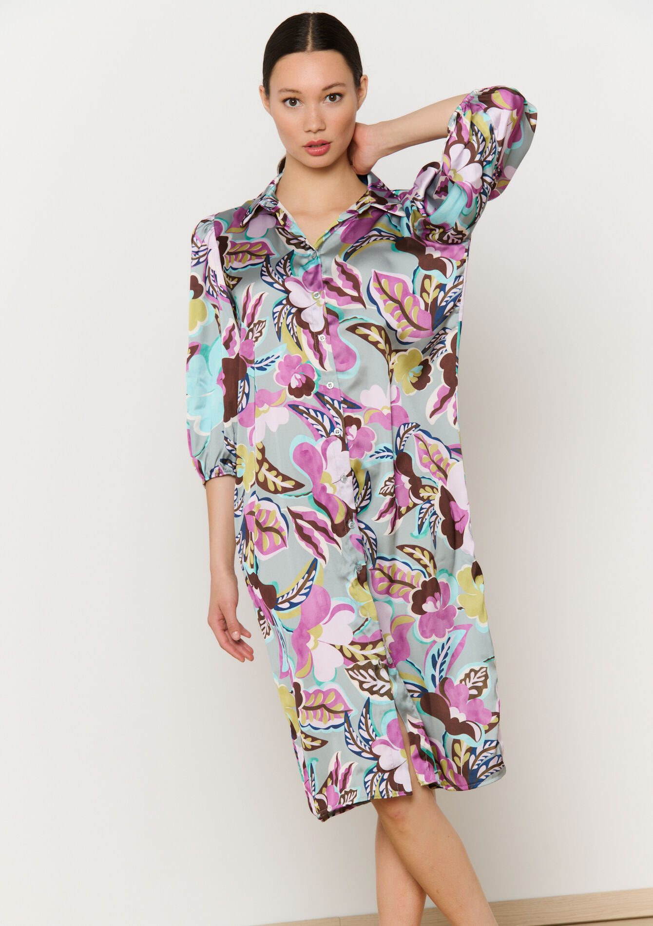 Robe chemise fendue imprimée, Robe chemise fendue imprimée - KHAKI MINT - 08602297_2542