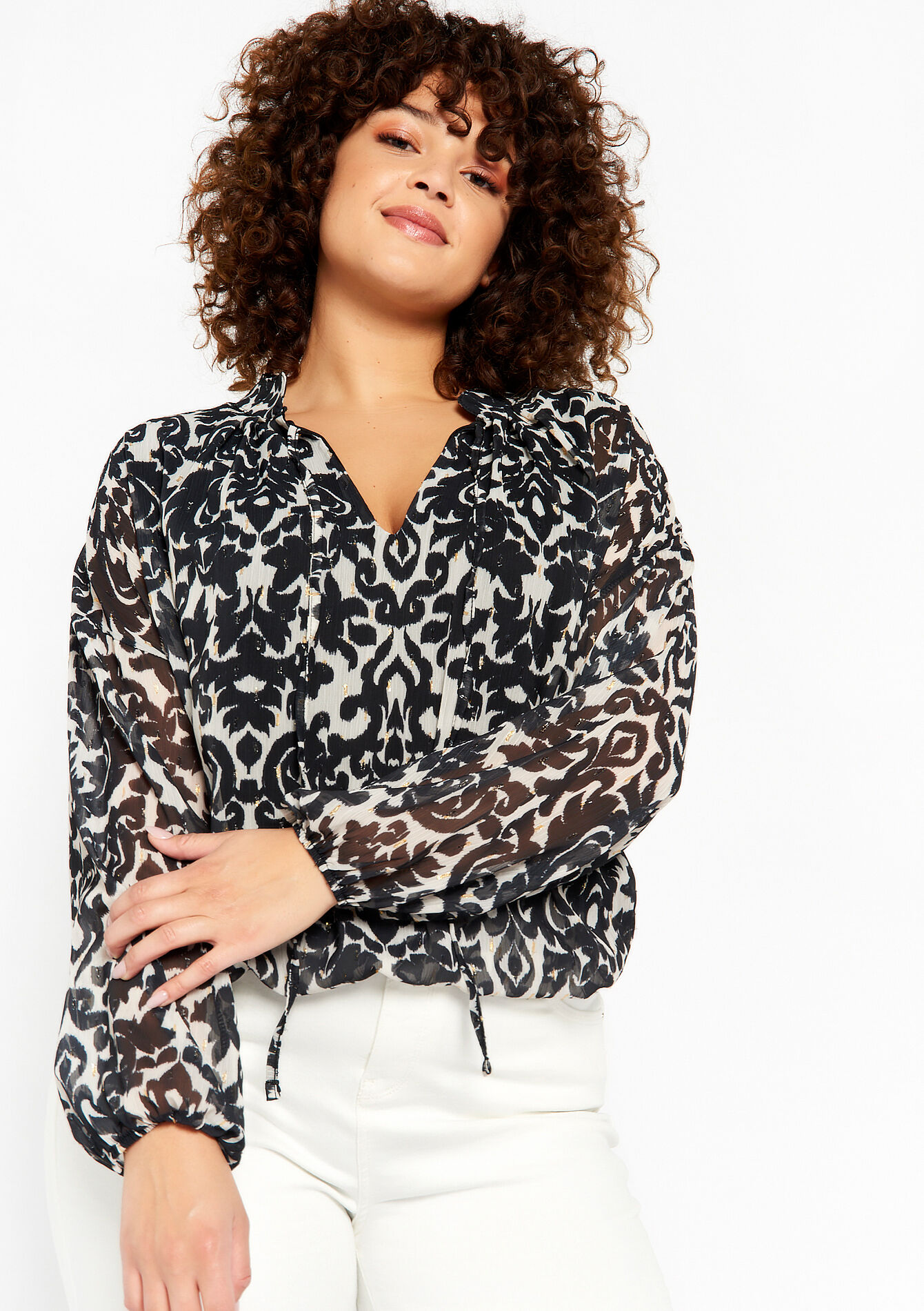 Blouse with floral print, Blouse with floral print - BLACK - 05702129_1119