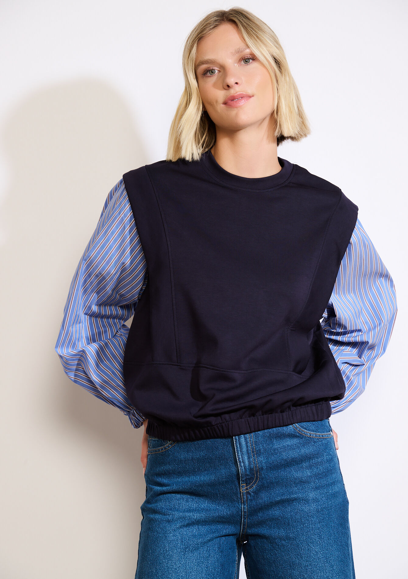 Sweat bimatière manches rayées, Sweat bimatière manches rayées - NAVY BASIC - 03001811