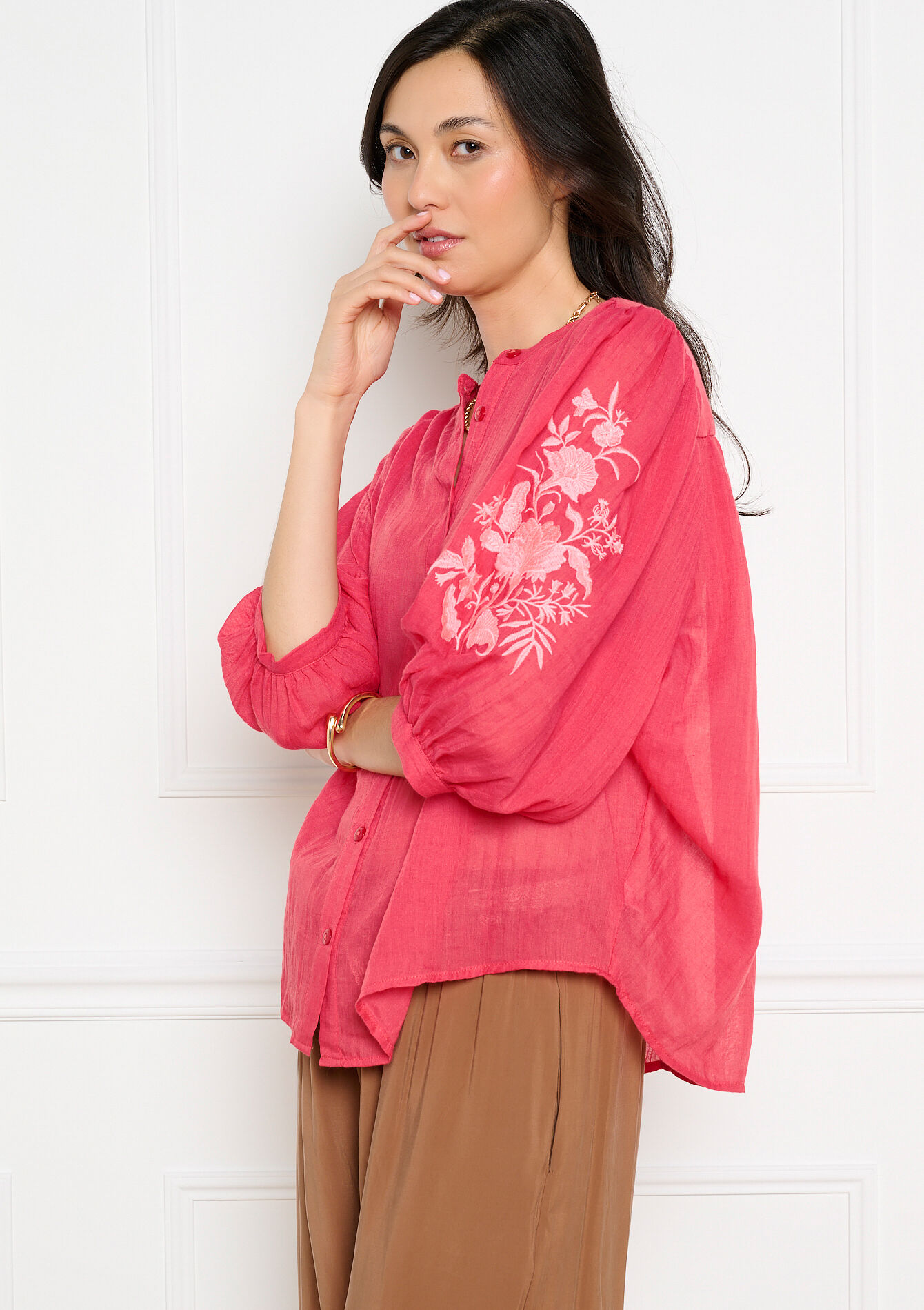 Embroidered fluid blouse - RED FRAMBOISE - 05703054_1496