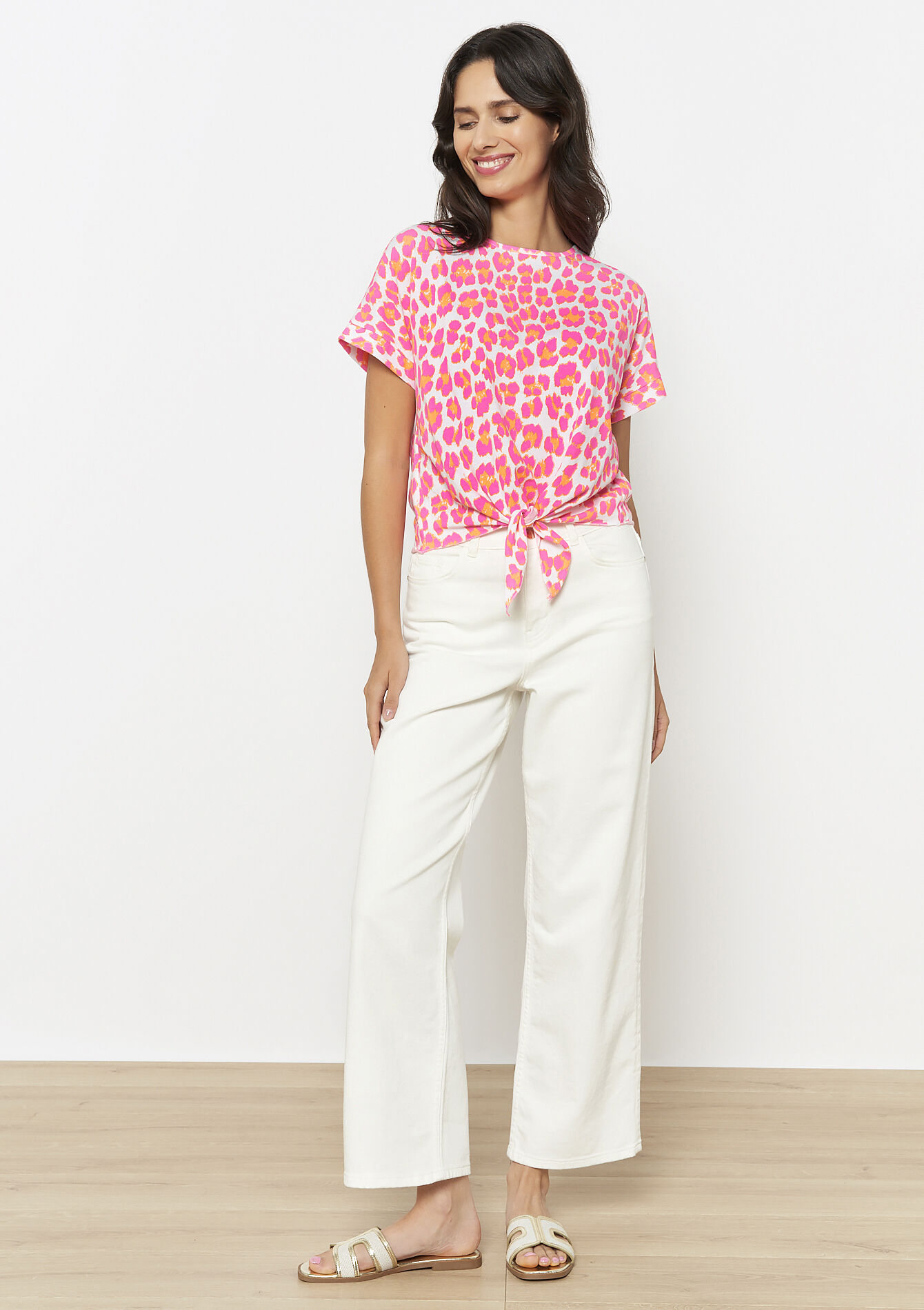 T-shirt met knoop en print, T-shirt met knoop en print - FLUO PINK - 02301841_5727