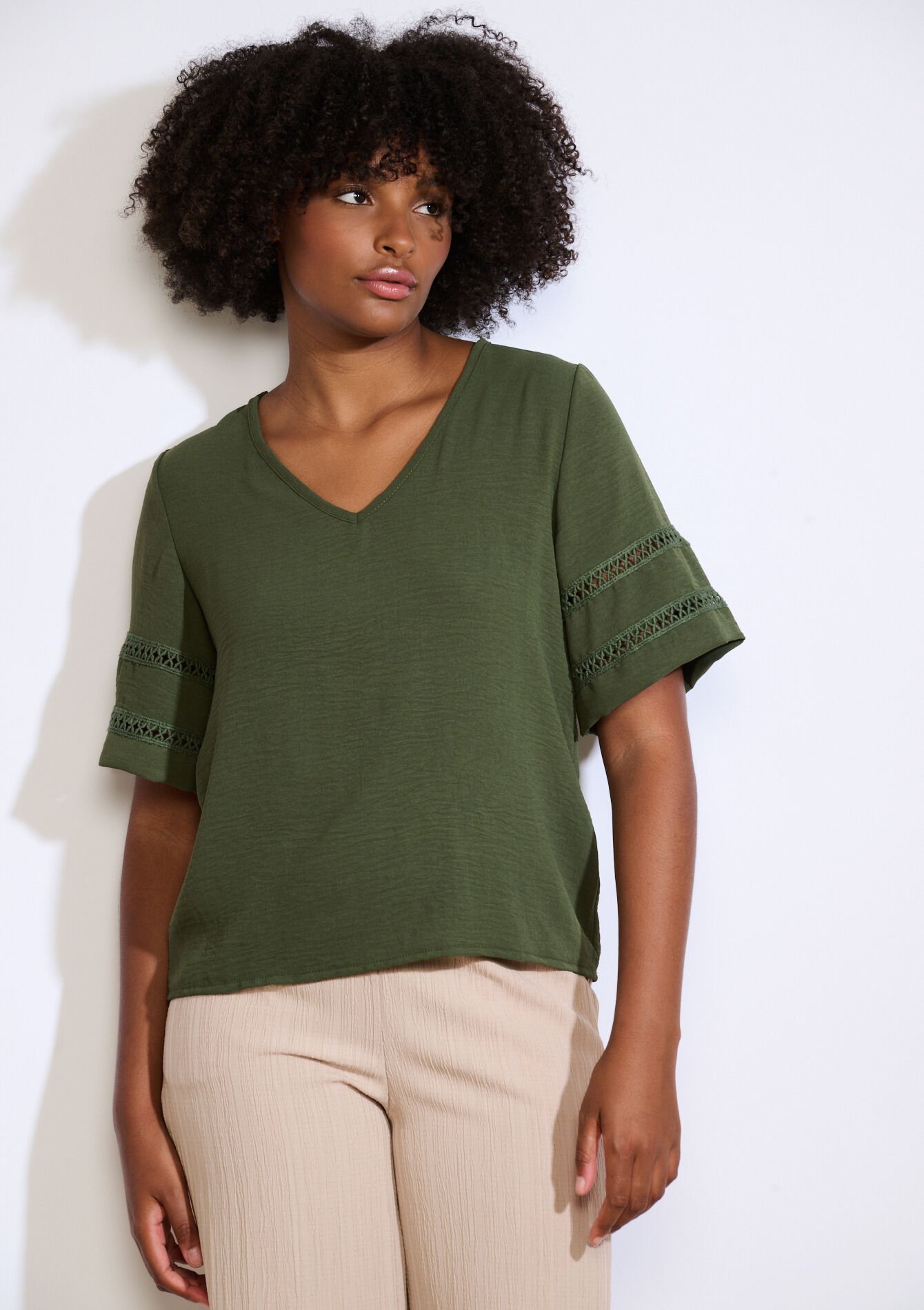 Blouse with eyelet sleeves, Blouse with eyelet sleeves - KHAKI MED - 05702919_4327