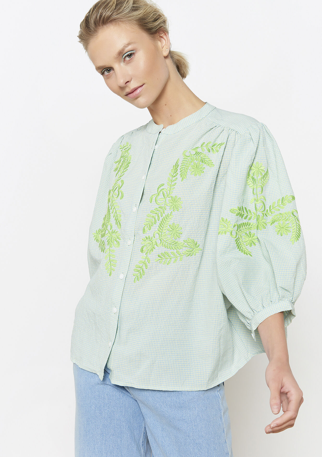 Vichy hemd met broderie, Vichy hemd met broderie - BLUE PASTEL - 05702721_3003