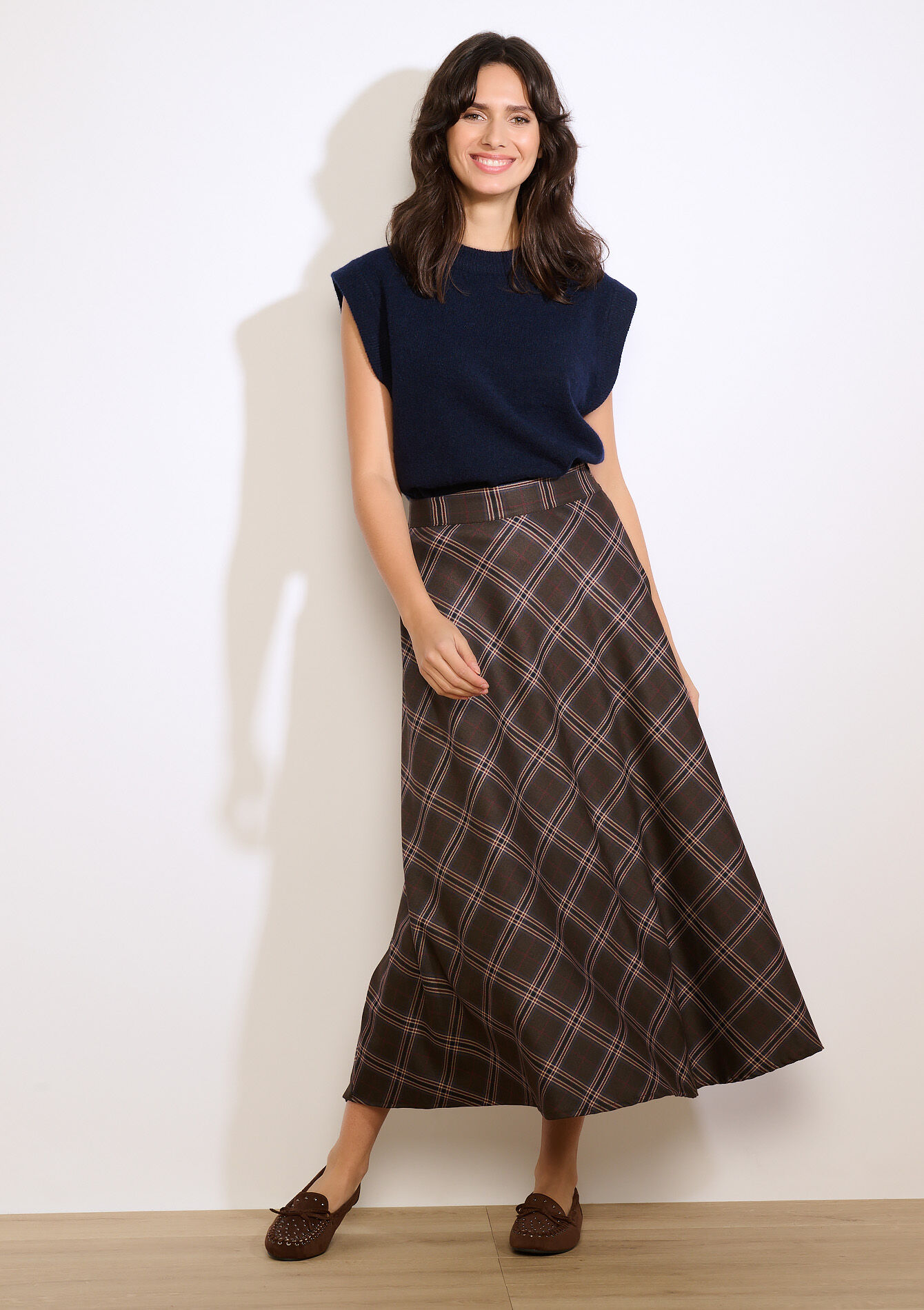 Geruite maxi rok met flair, Geruite maxi rok met flair - BROWN DARK CHOCOLATE - 07101456_3720