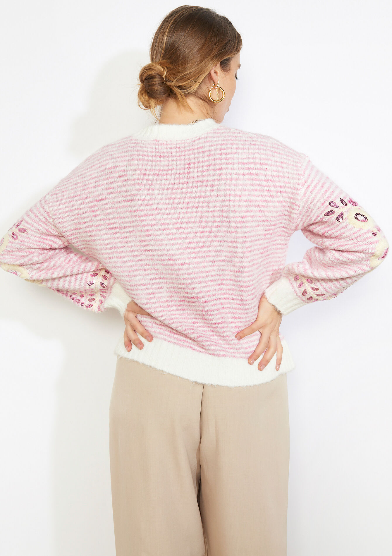 Embroidered striped sweater - LIGHT PINK - 04007201_1303