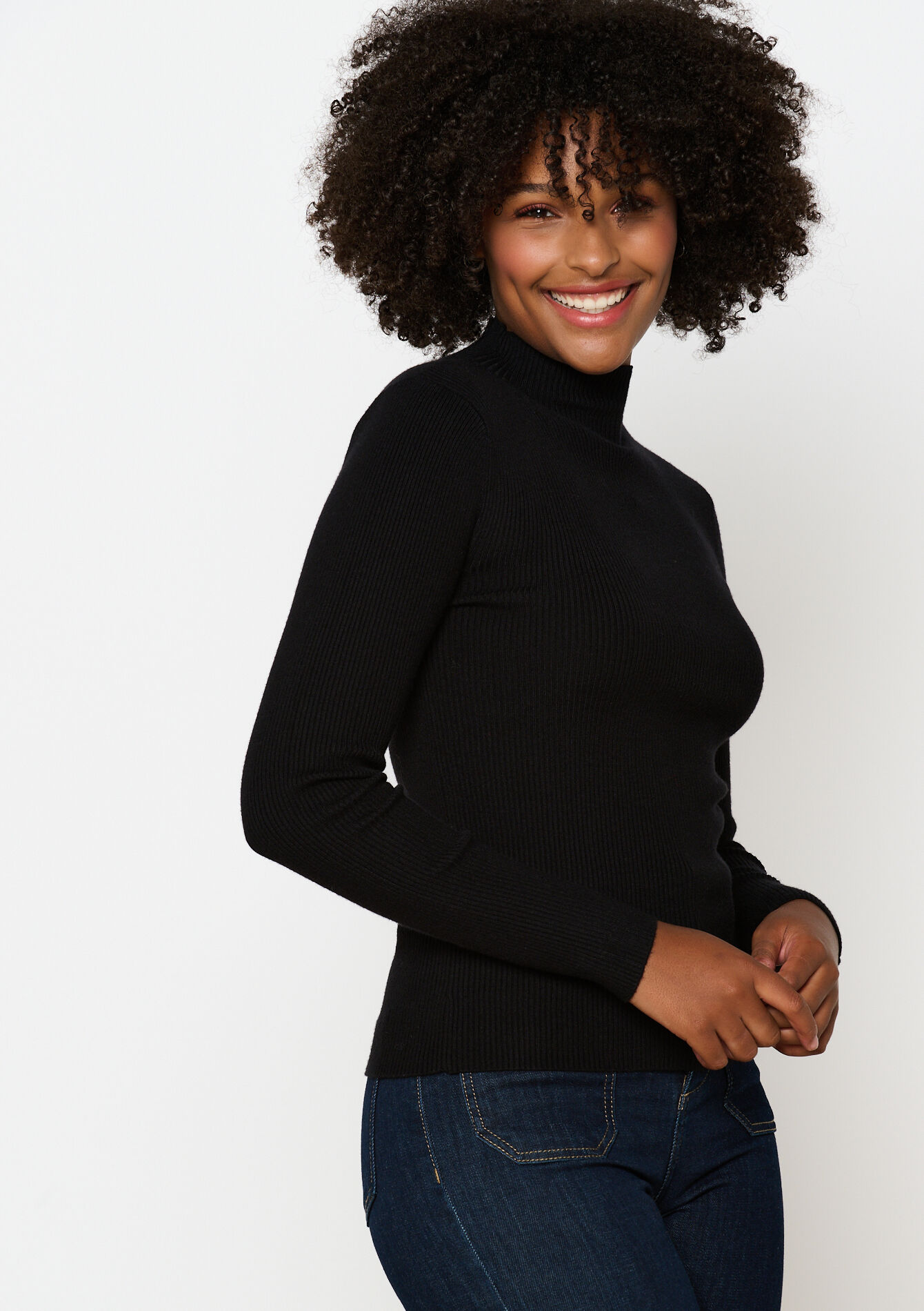 Ribbed sweater with mock neck, Ribbed sweater with mock neck - BLACK - 04006510_1119