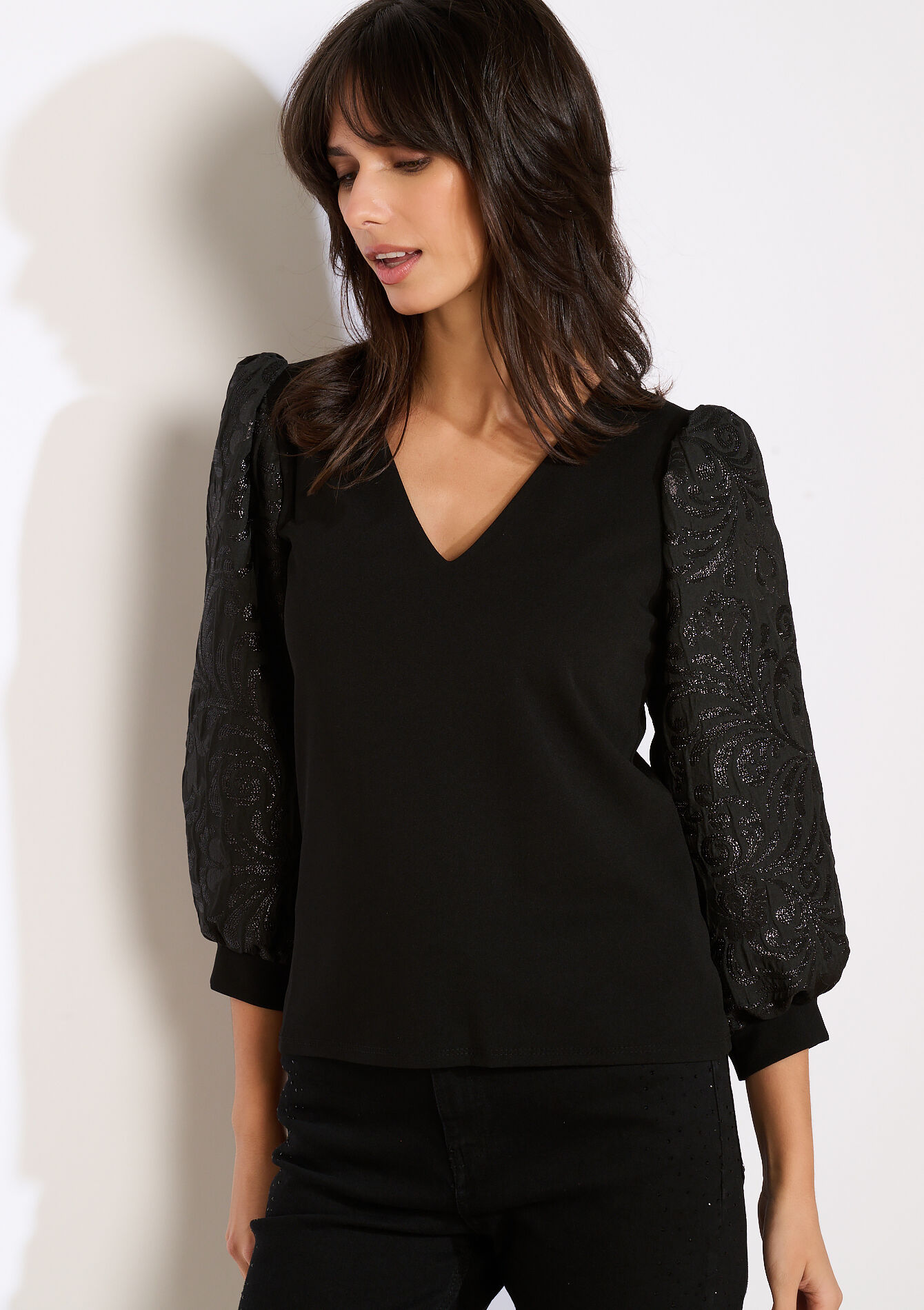 Top met geborduurde mouwen, Top met geborduurde mouwen - BLACK - 02301969