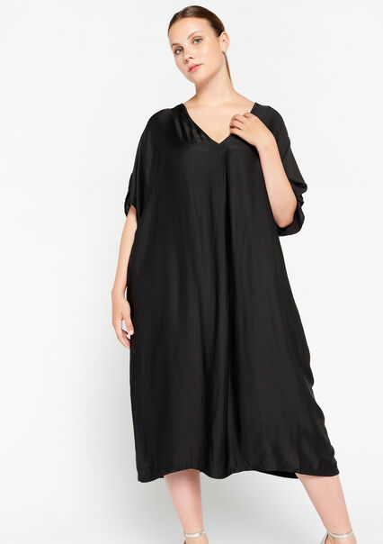 Satin dress with V-neck - BLACK - 08103310_1119