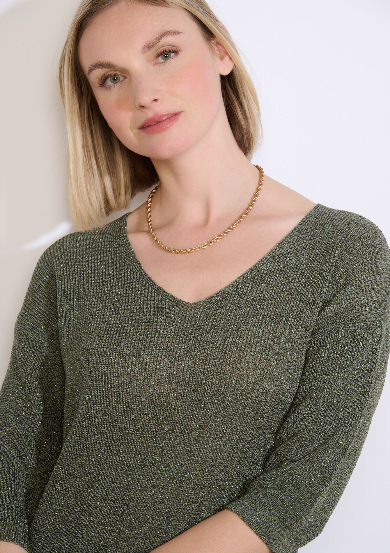 Lurex trui met v-hals - KHAKI FADED - 04007208_4326