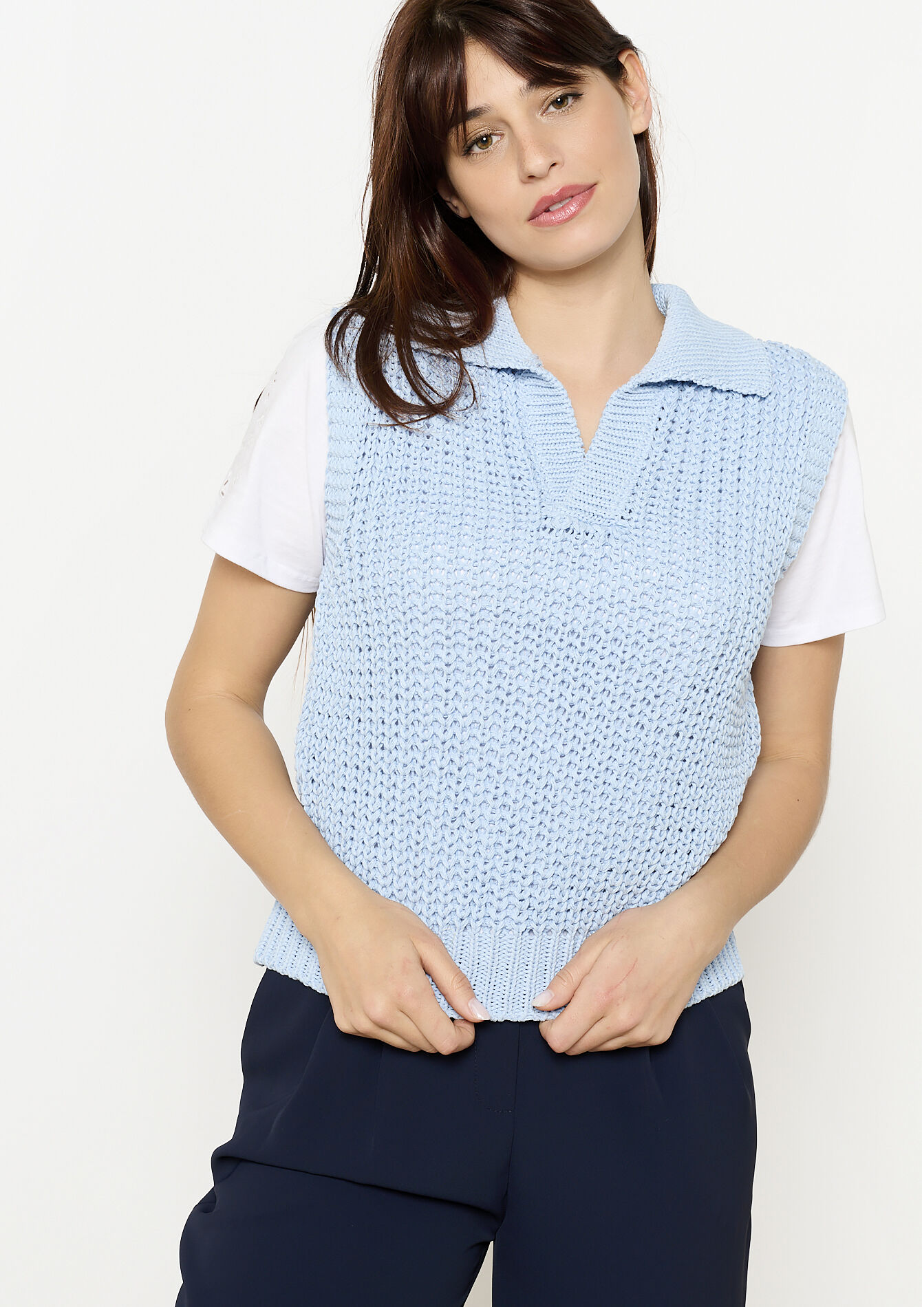 Débardeur col polo en maille, Débardeur col polo en maille - BLUE PASTEL - 04006959